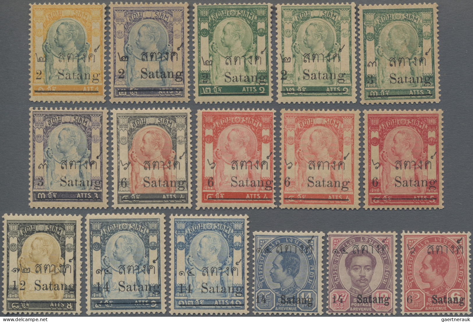 Thailand: 1910 Provisionals: Set Of 16 Different Stamps Including New Values Fro - Thaïlande