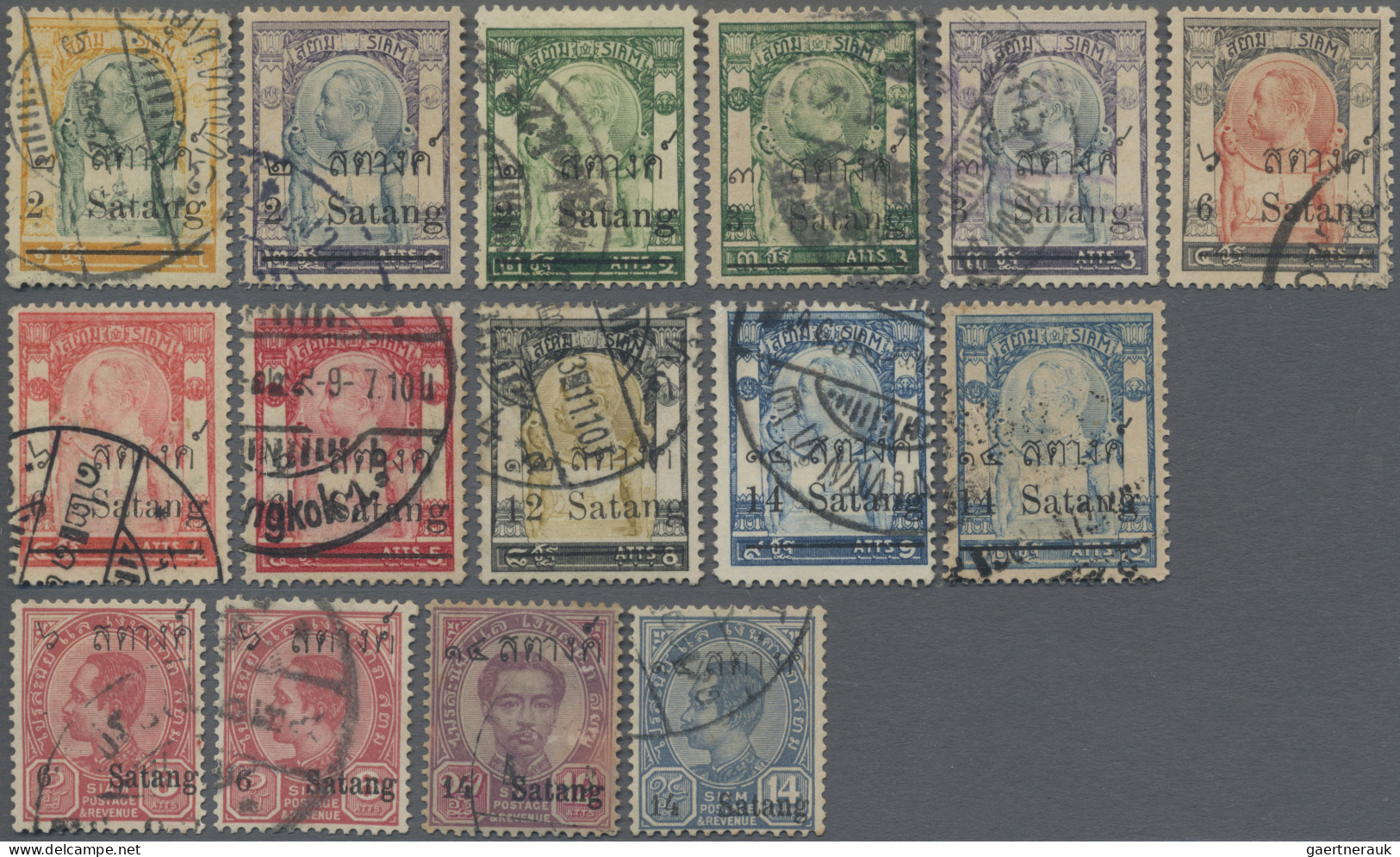 Thailand: 1910 Provisionals: Set Of 15 Different Stamps From 2s. On 1a. To 14a. - Thaïlande