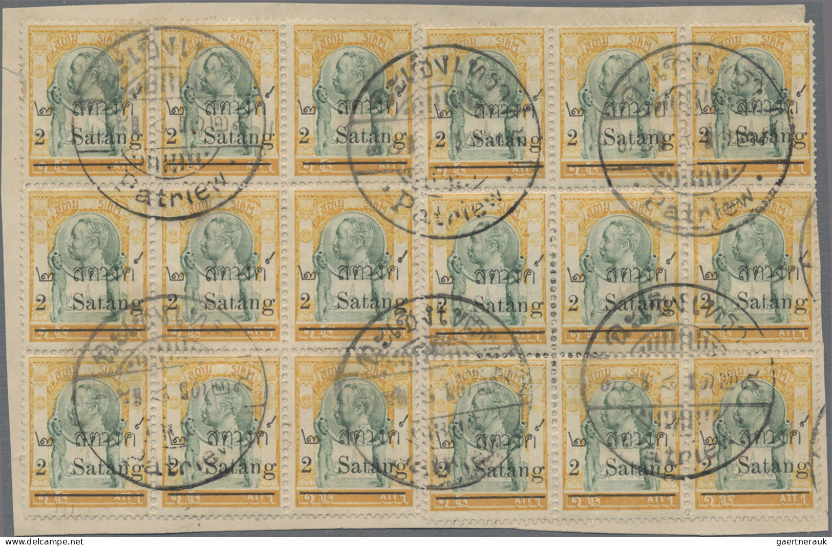 Thailand: 1909 Provisional 2a. On 1a. Green & Yellow, Two BLOCKS OF NINE On Part - Thaïlande