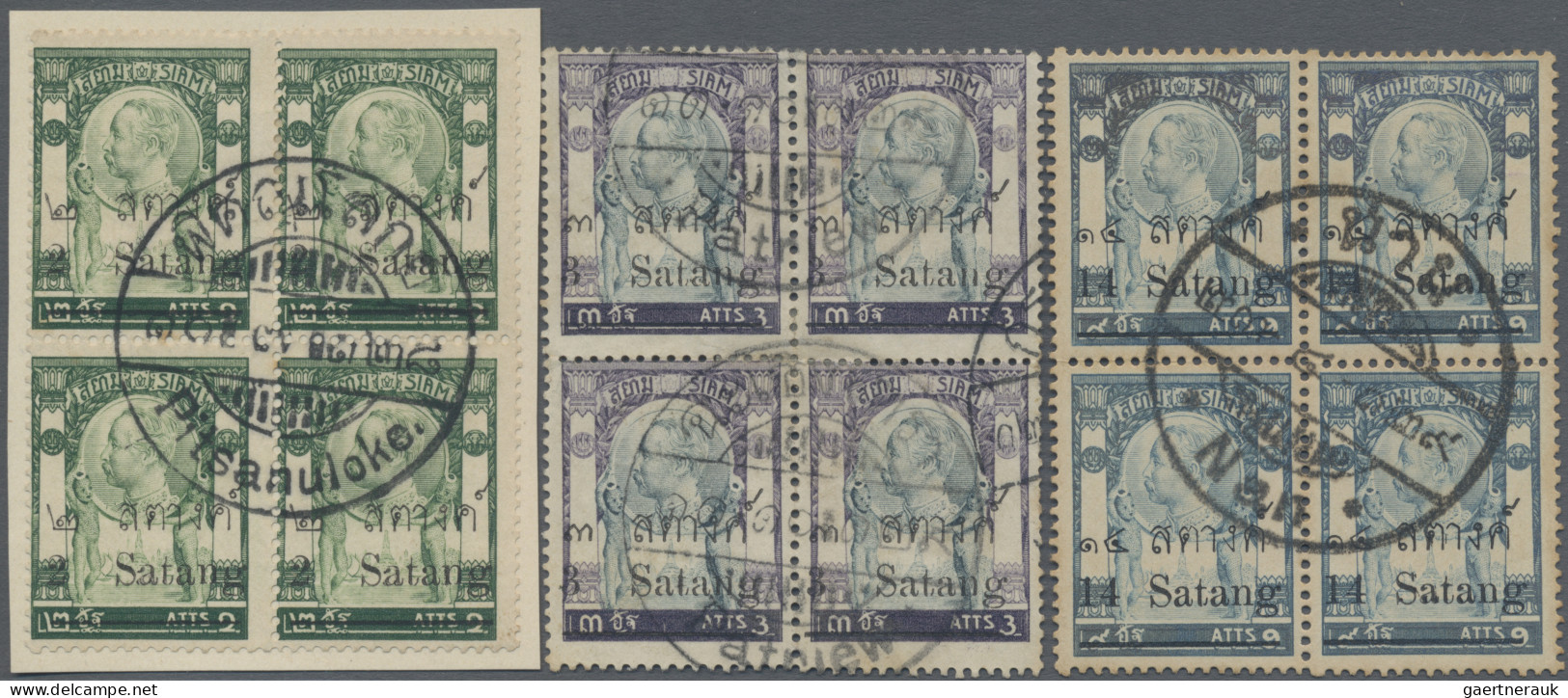 Thailand: 1909 Provisionals: Three Blocks Of Four Showing Varieties And Better P - Thaïlande