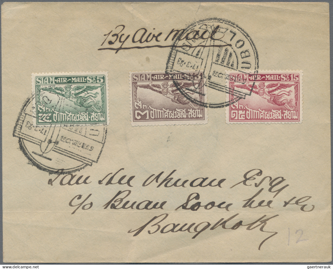 Thailand: 1925 Special Air Mail Ubol To Bangkok: Cover Franked 1925 Air 3s., 5s. - Thailand