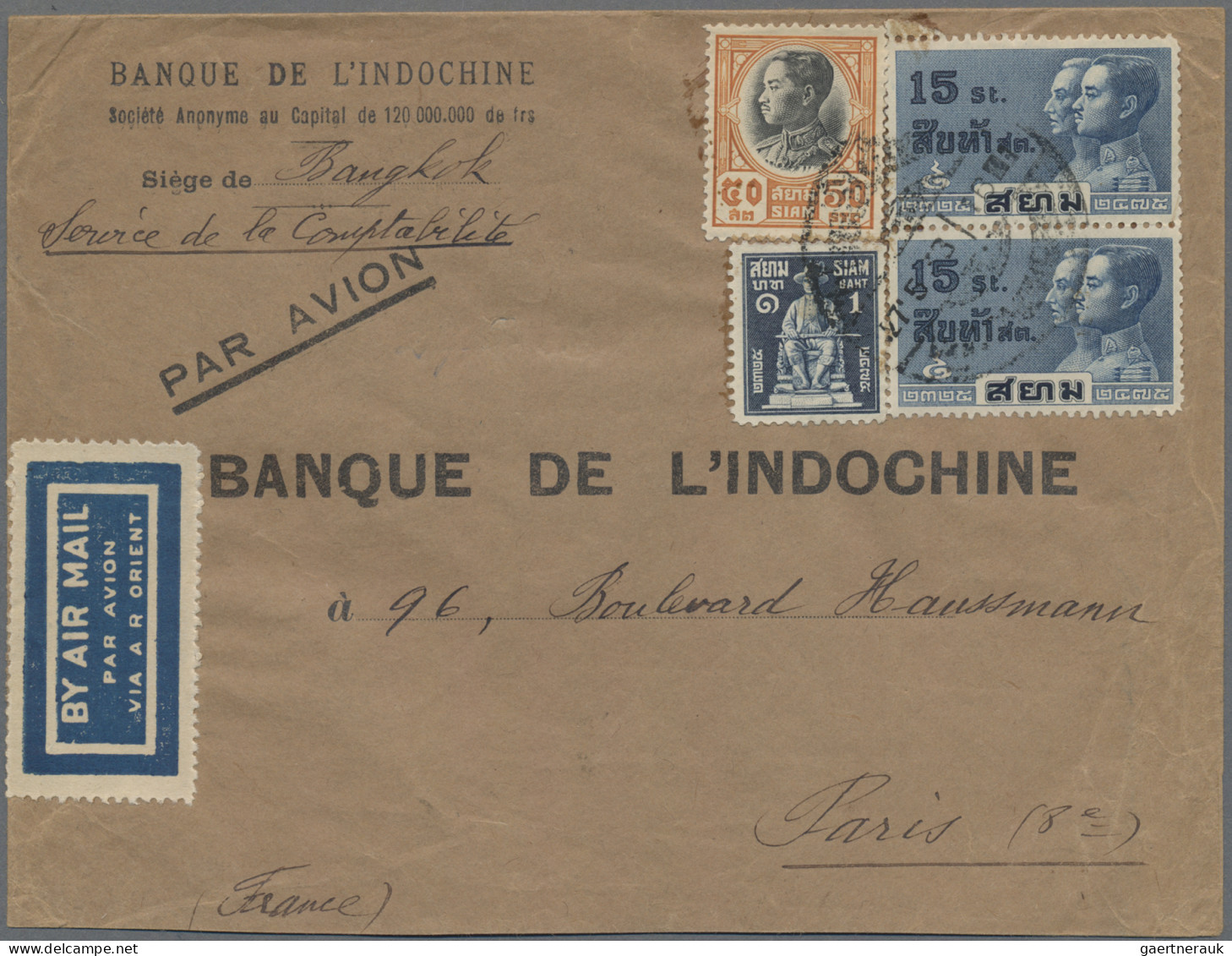 Thailand: 1933 Airmail Cover From The Bank Of Indochina In Bangkok To Same In Pa - Thailand