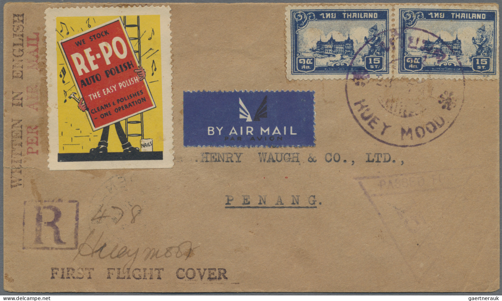 Thailand: 1941 First Flight Huey Mood To Penang: Registered And Censored Cover T - Thaïlande