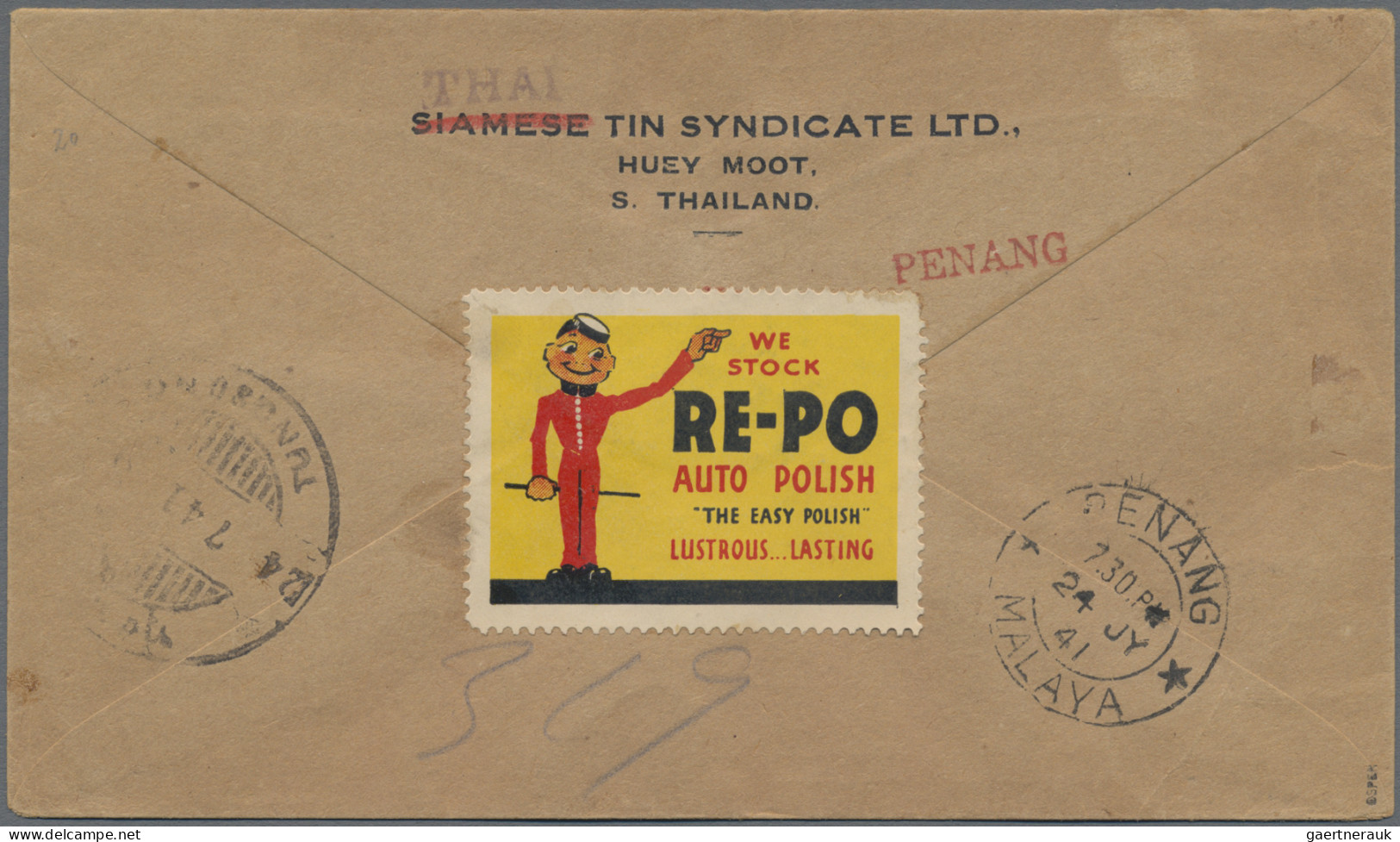 Thailand: 1941 First Flight Huey Mood To Penang: Registered And Censored Cover T - Thailand