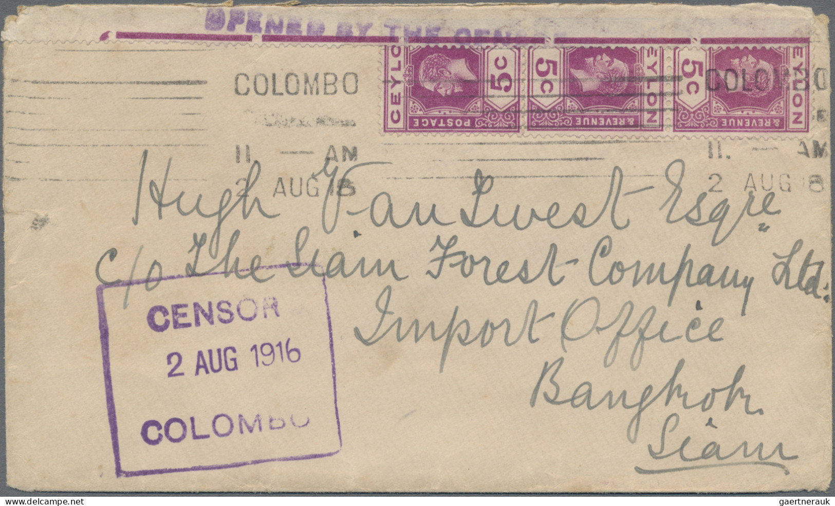 Thailand - Incoming Mail: 1916 Censored Cover From Ceylon To Bangkok Franked By - Thailand