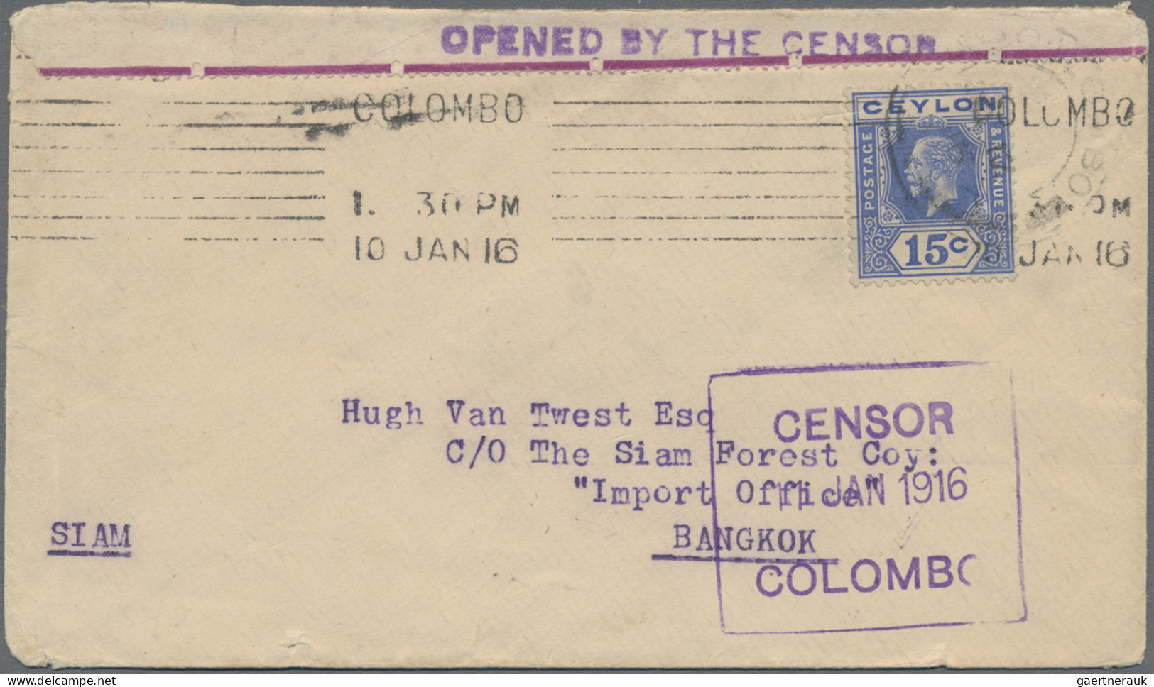 Thailand - Incoming Mail: 1916 Censored Cover From Ceylon To Bangkok Franked By - Thailand