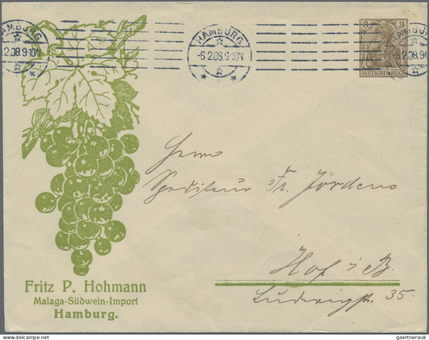 Thematics: Alcohol - Wine: 1908, Deutsches Reich, 3 Pfg Germania Privatganzsache - Wijn & Sterke Drank