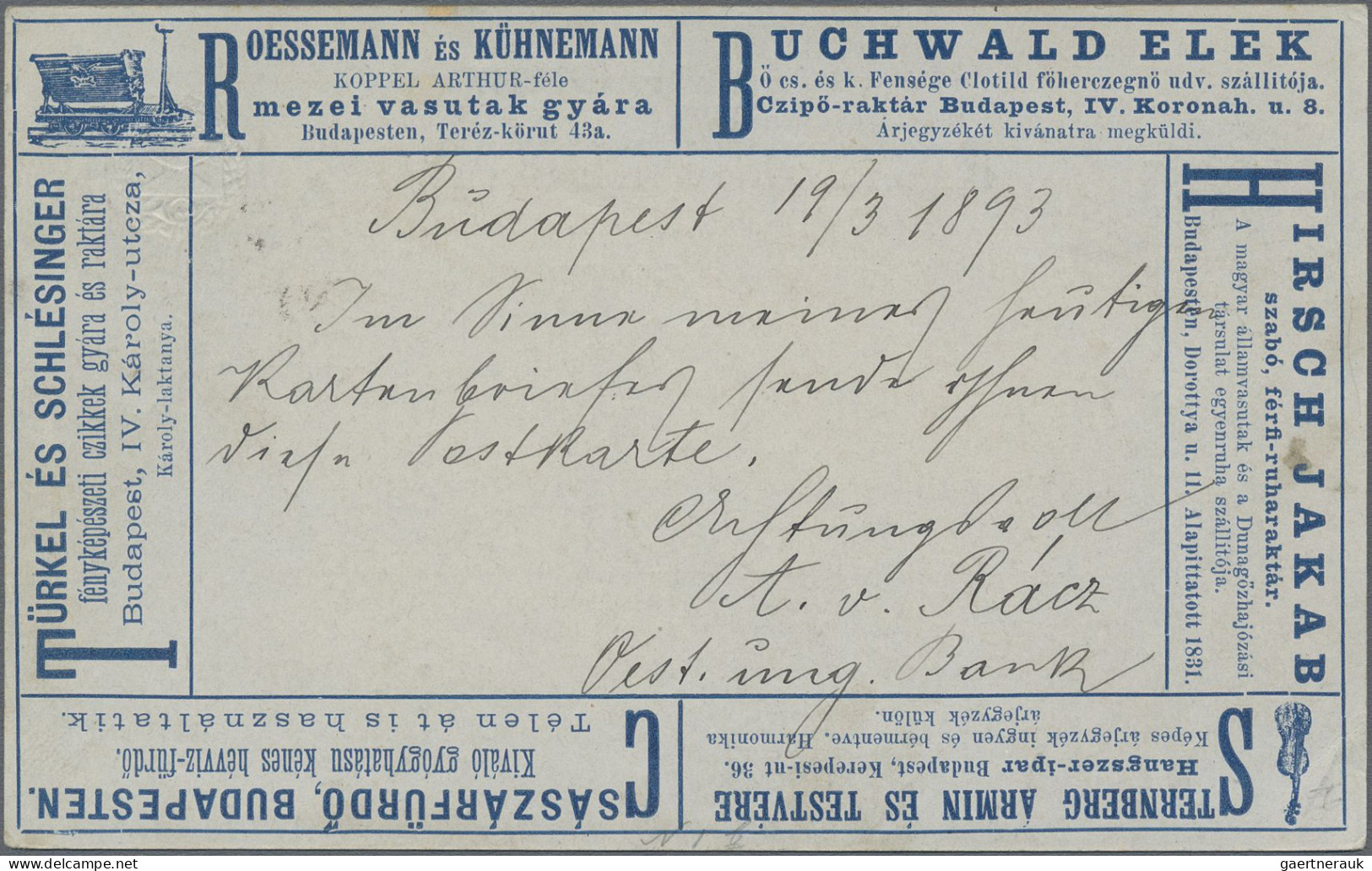 Thematics: Advertising Postal Stationery: 1892/1897, Ungarn, 2 Kr Blau Privat-An - Sonstige