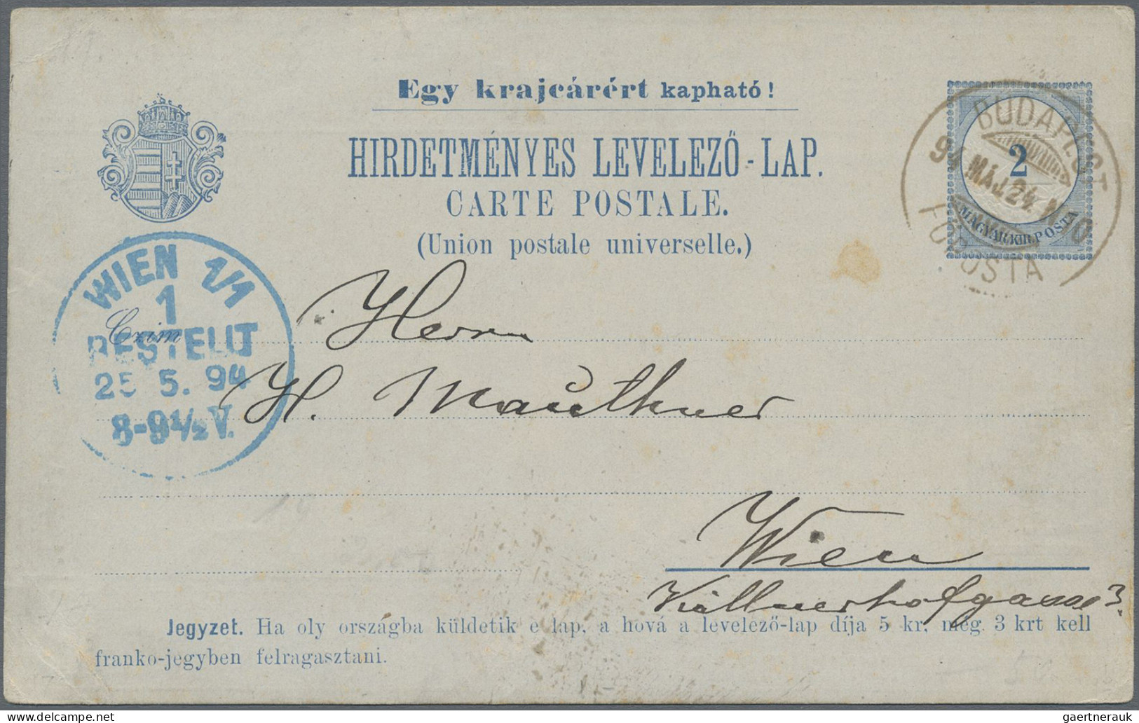 Thematics: advertising postal stationery: 1892/1897, Ungarn, 2 Kr blau Privat-An