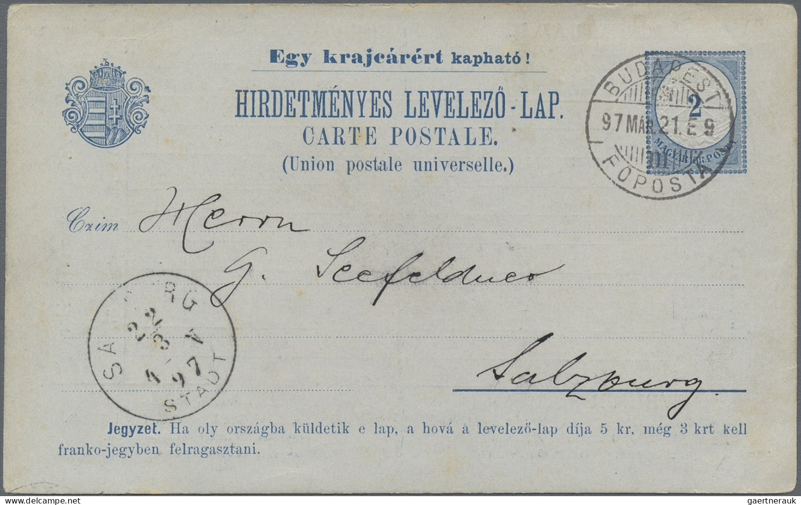 Thematics: advertising postal stationery: 1892/1897, Ungarn, 2 Kr blau Privat-An