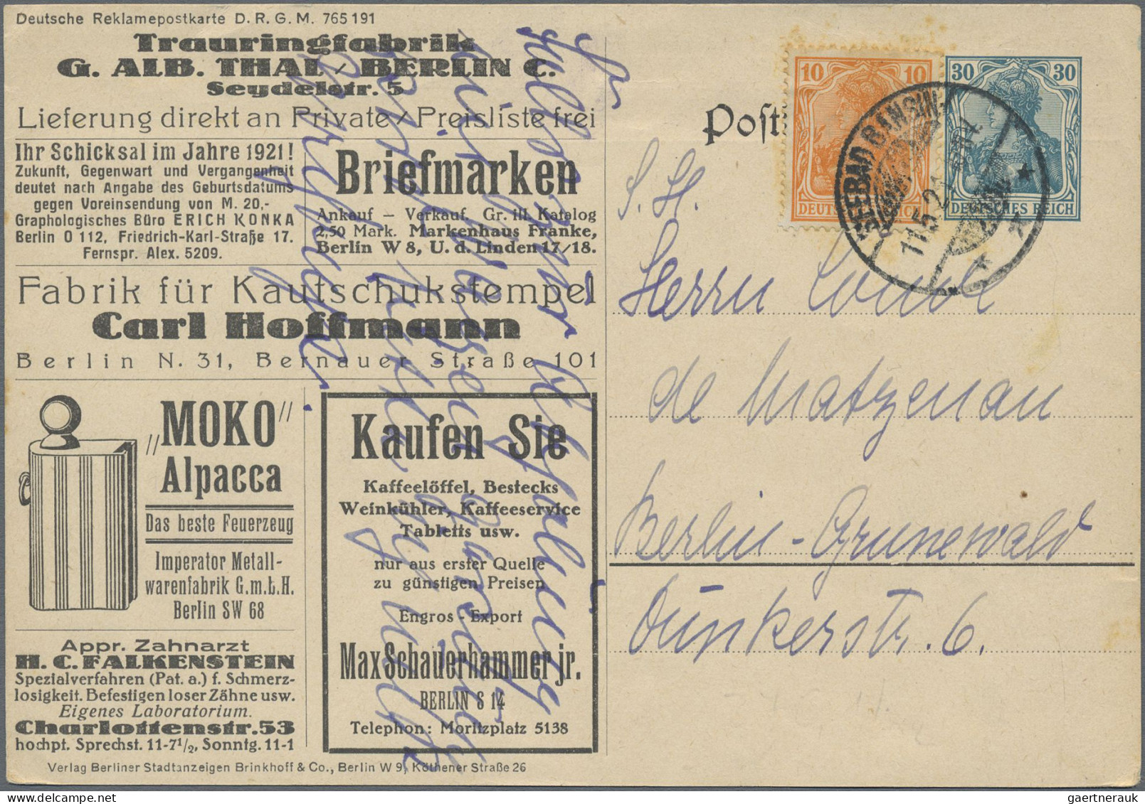 Thematics: Advertising Postal Stationery: 1921, Dt.Reich, 30 Pf Blau Germania Pr - Sonstige