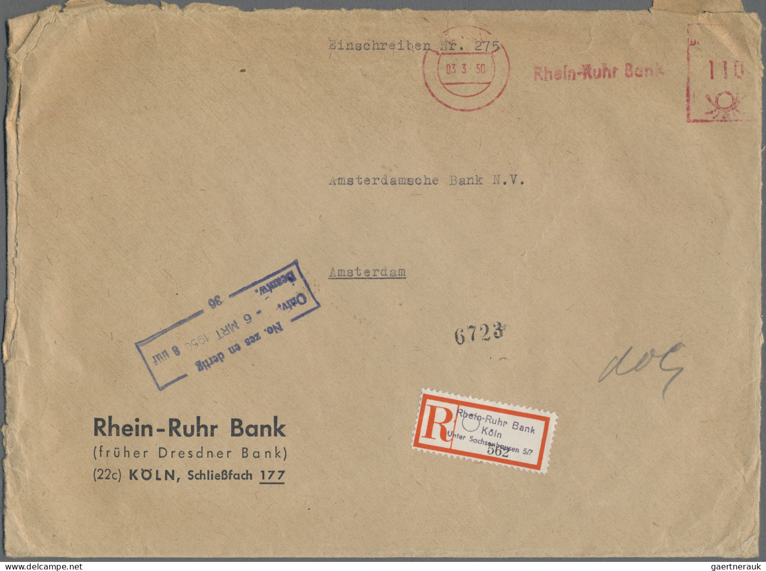 Registered Covers And Labels: 1950, "Rhein-Ruhr Bank Köln Unter Sachsenhausen 5/ - Sonstige