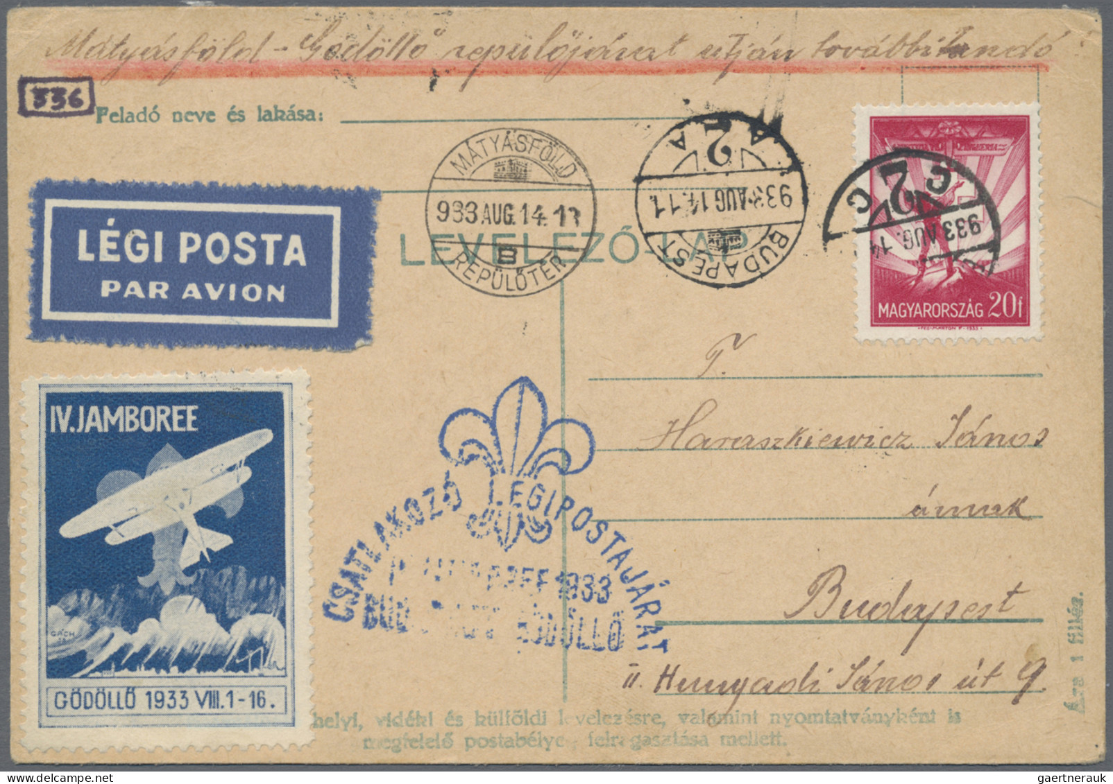 Thematics: Scouts: 1933, Hungary, Gödöllö Jamboree, Three Airmail Cards 2.+12.+1 - Autres & Non Classés