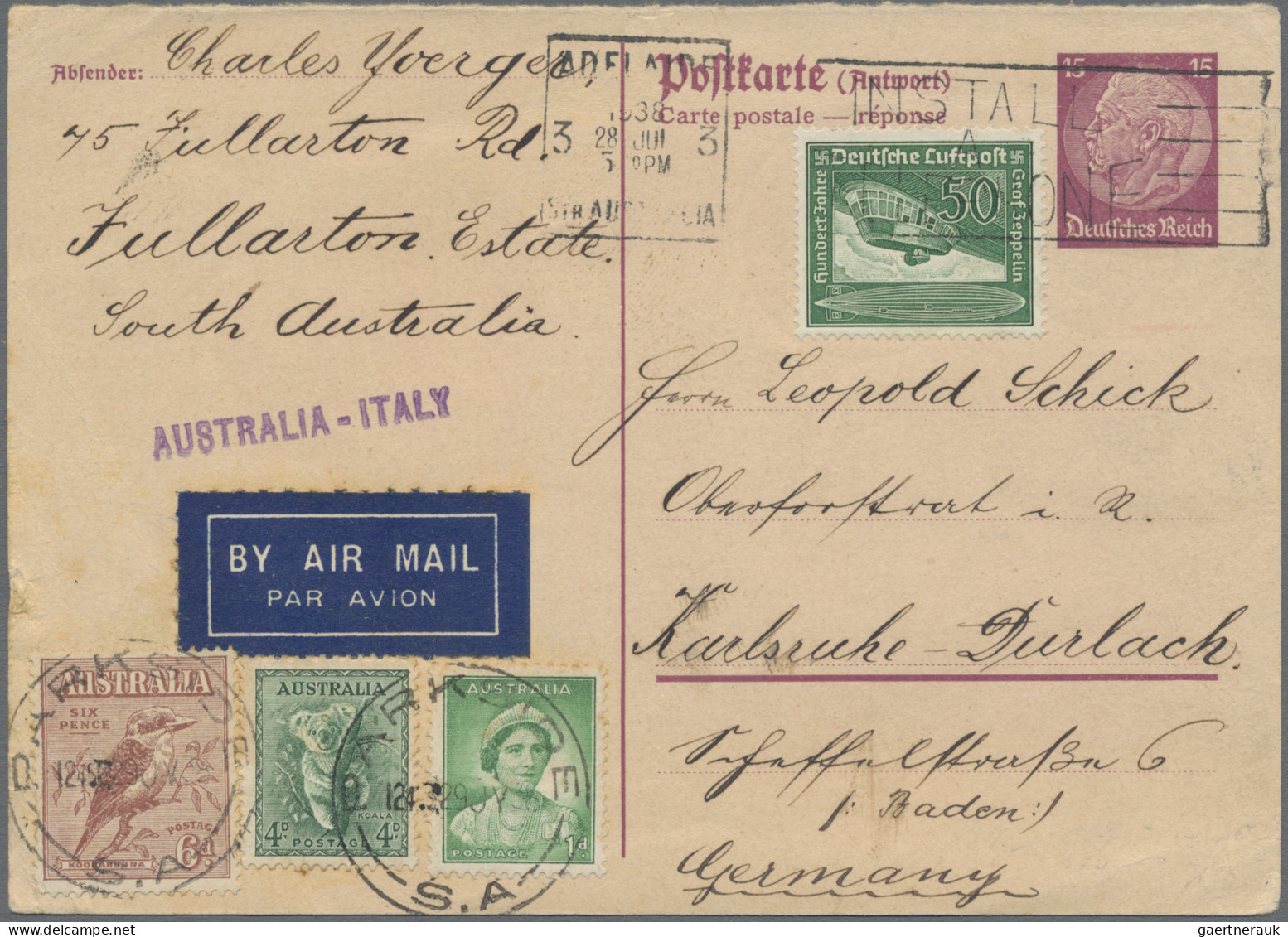 Australia - Specialities: 1938/1939, Germany, 15 Pf Hindenburg Postal Stationery - Other & Unclassified