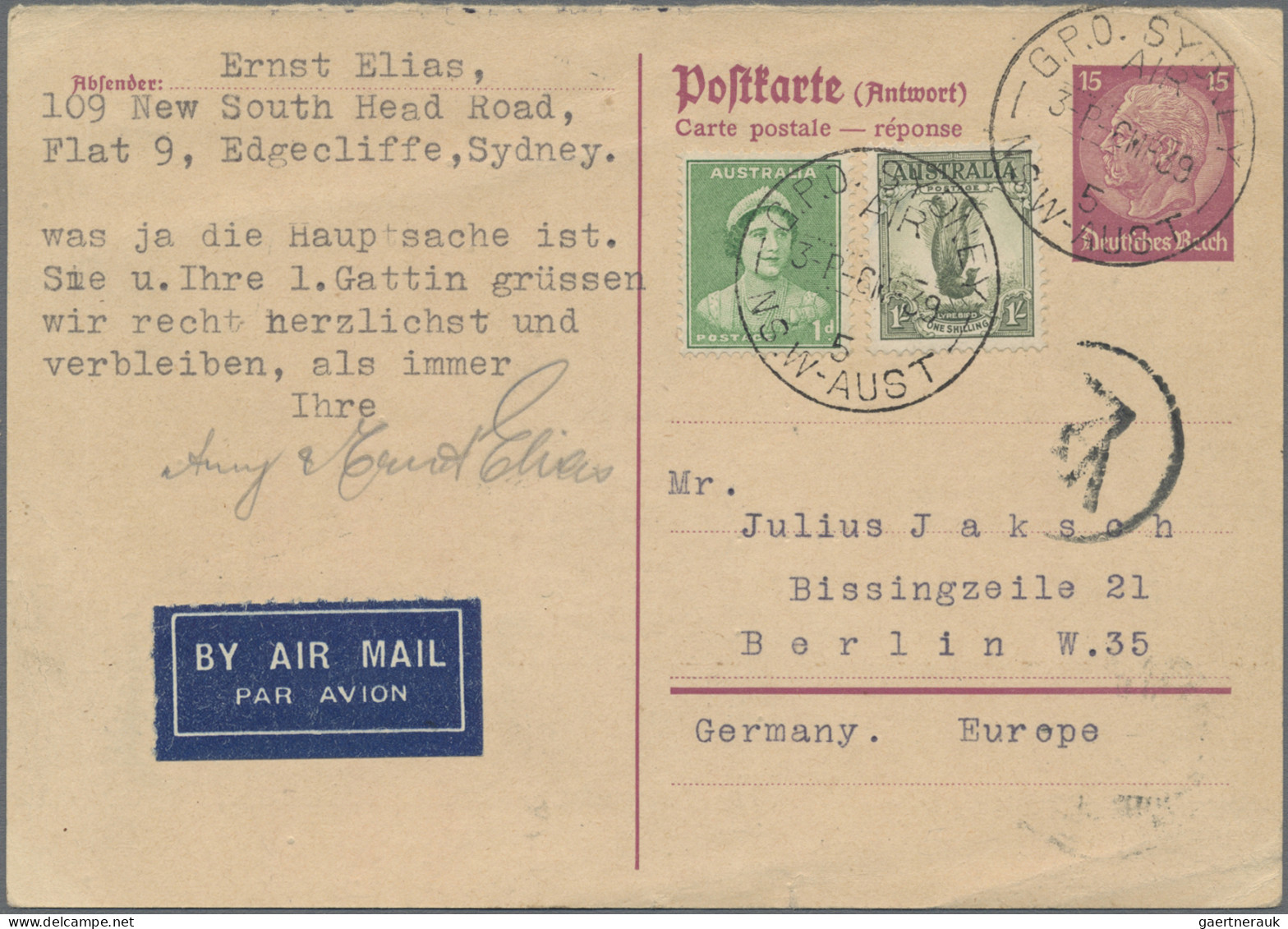 Australia - Specialities: 1938/1939, Germany, 15 Pf Hindenburg Postal Stationery - Other & Unclassified