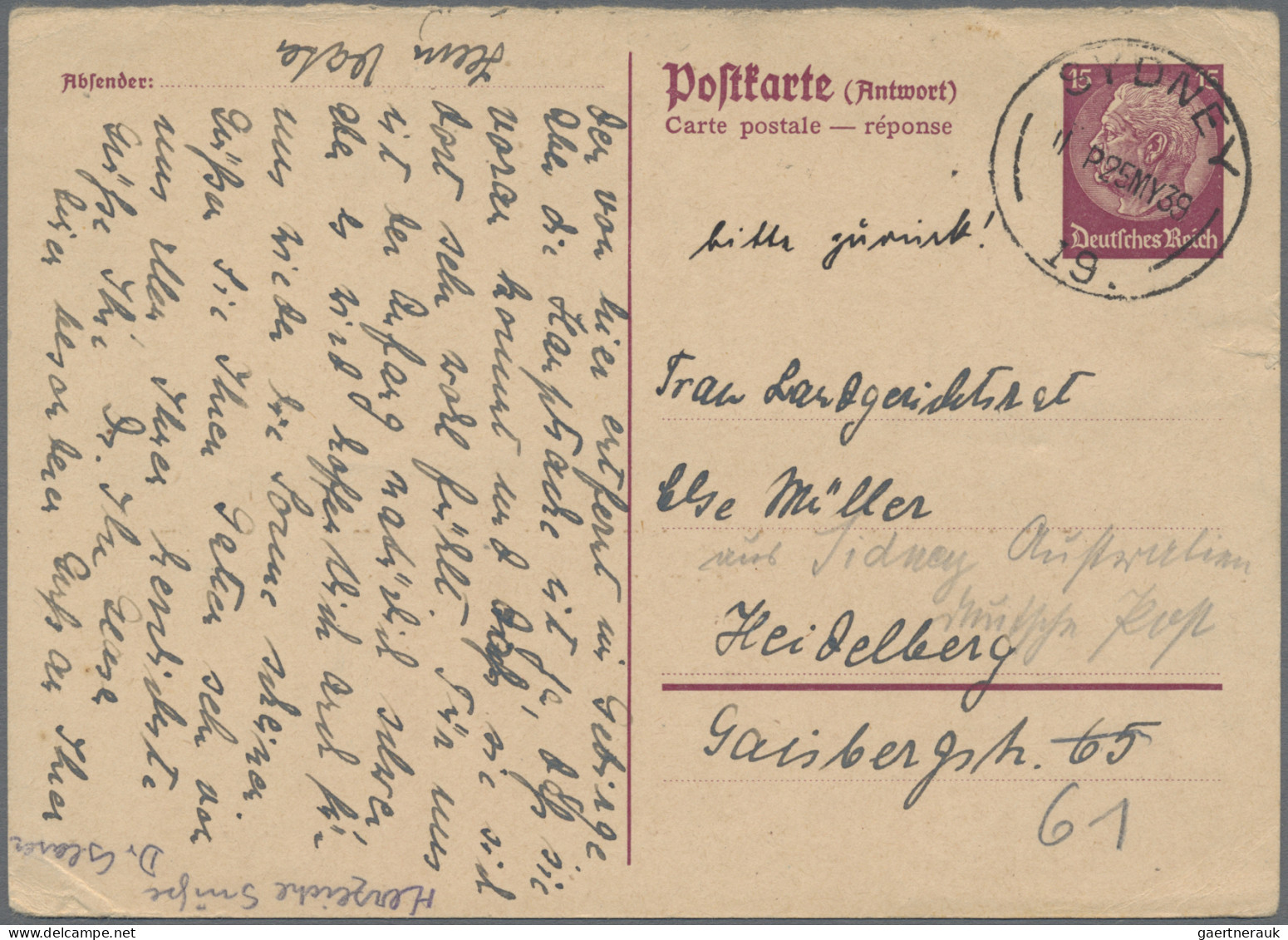 Australia - Specialities: 1938/1939, Germany, 15 Pf Hindenburg Postal Stationery - Sonstige & Ohne Zuordnung