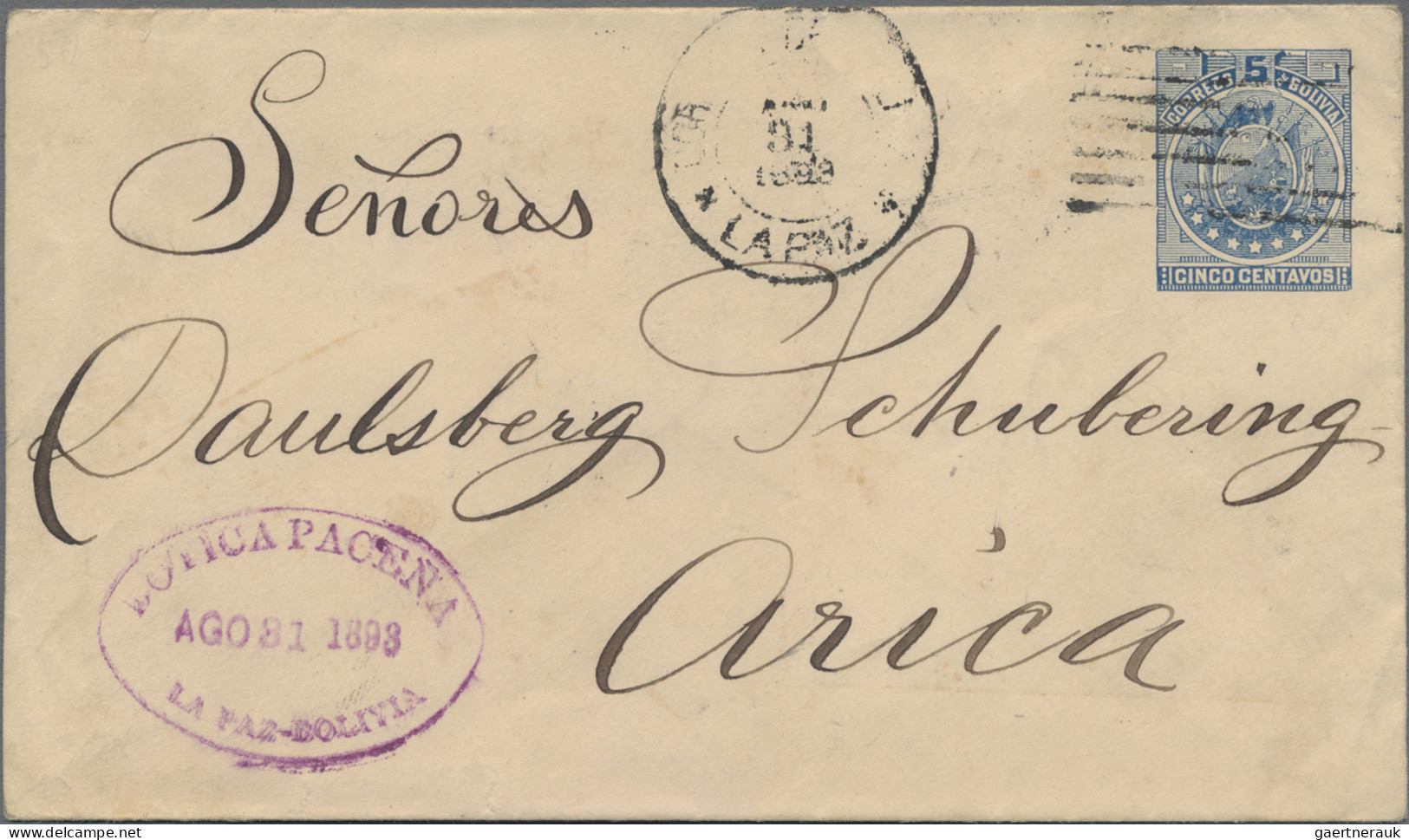 Bolivia - Postal Stationery: 1893/1898, Two Used Envelopes: 5c. Blue Used From " - Bolivia
