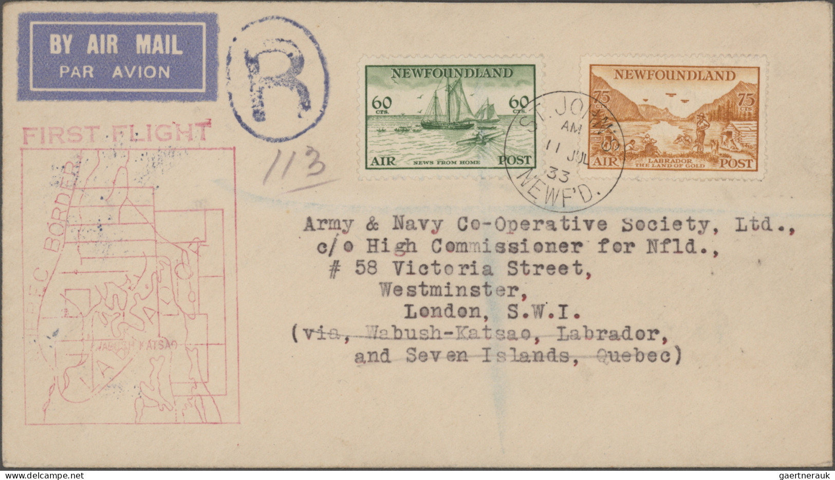 Newfoundland - Air Mail: 1933 (July 17) First Flight St. John's-Seven Islands-Wa - Back Of Book