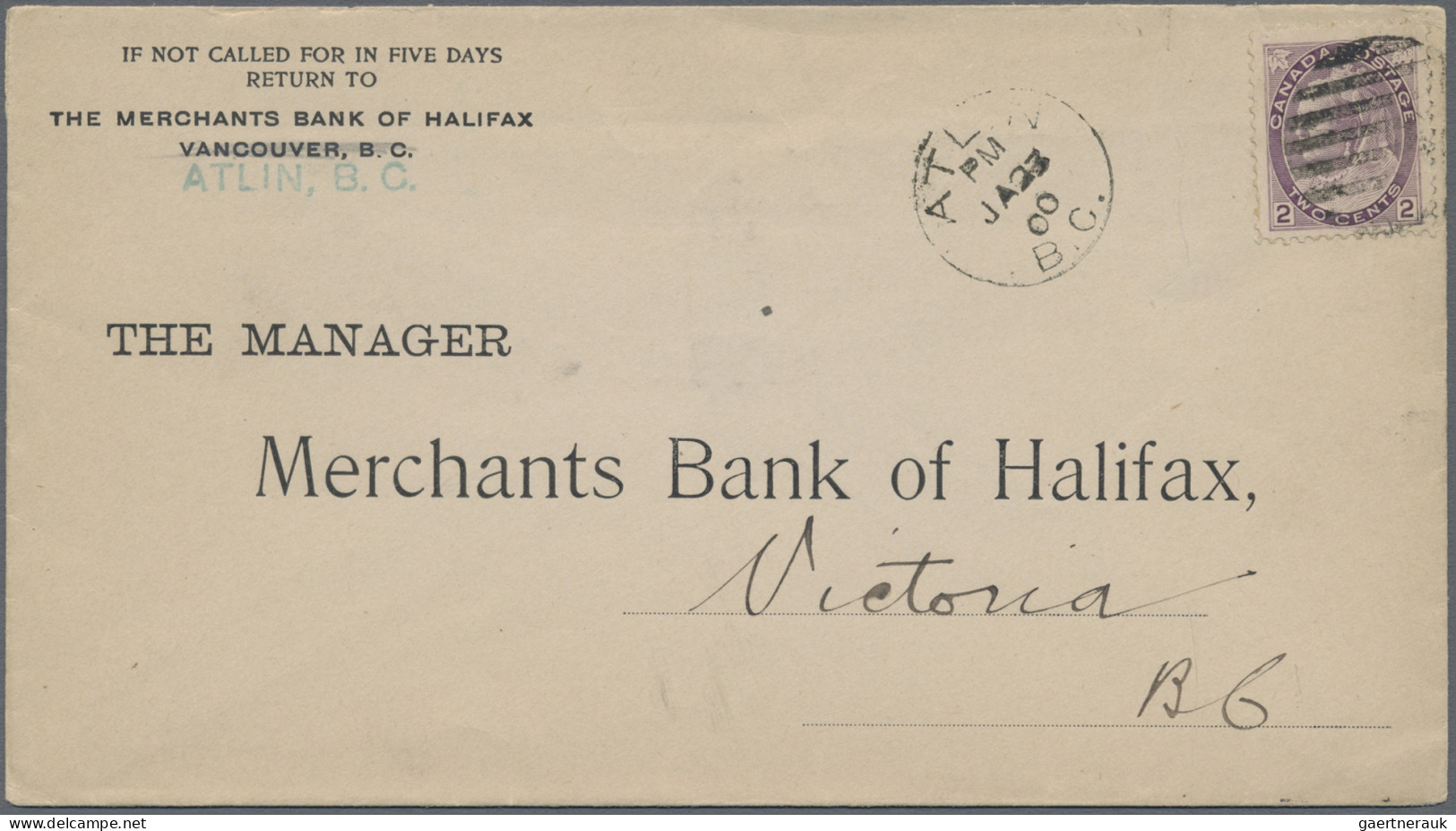 Canada: 1900, Atlin B.C., Gold Rush/Winter Mail, Bank Cover Bearing 2c. Violet F - Covers & Documents