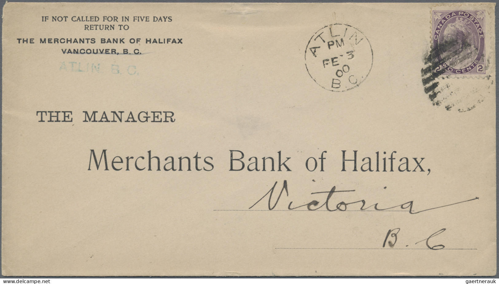 Canada: 1900, Atlin B.C., Gold Rush/Winter Mail, Bank Cover Bearing 2c. Violet F - Lettres & Documents