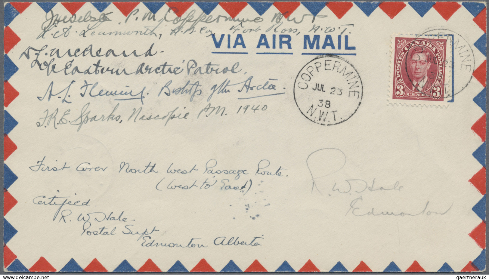 Canada: 1938/1940, Northwest Passage, Airmail Cover From "COPPERMINE JUL 23 38" - Briefe U. Dokumente