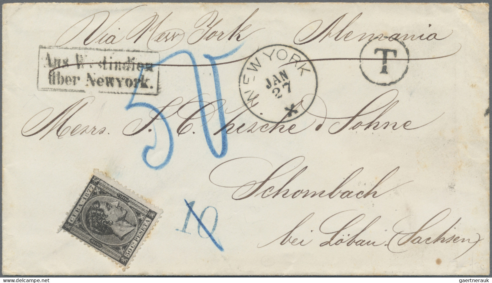 Cuba - Spanish Colony: 1877, 50 C Black On Cover Via New York To Schombach (Germ - Kuba (1874-1898)