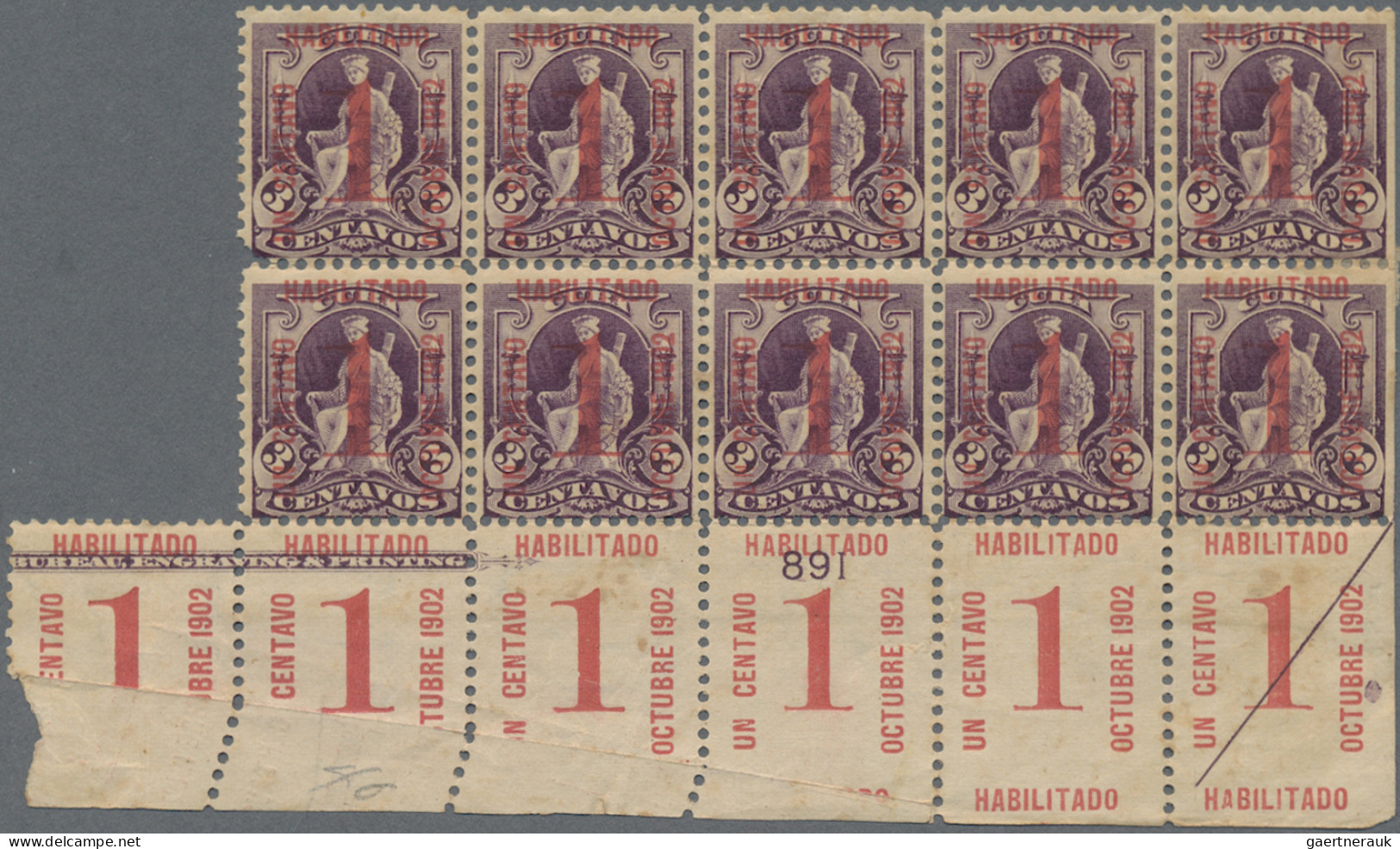 Cuba: 1902, Surcharge 1c. On 3c. Violet, Bottom Marginal Block Of Ten, With Part - Autres & Non Classés