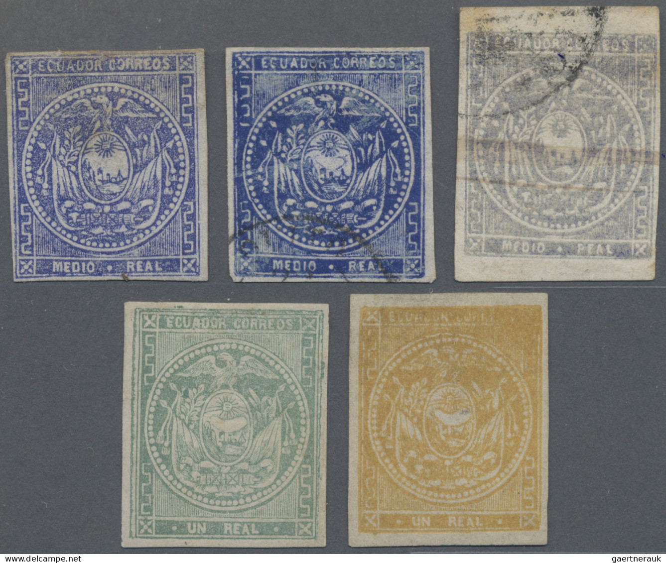 Ecuador: 1865 Set Of Five Stamps From First Issue, With ½r. 1r. Green And 1r. Oc - Ecuador