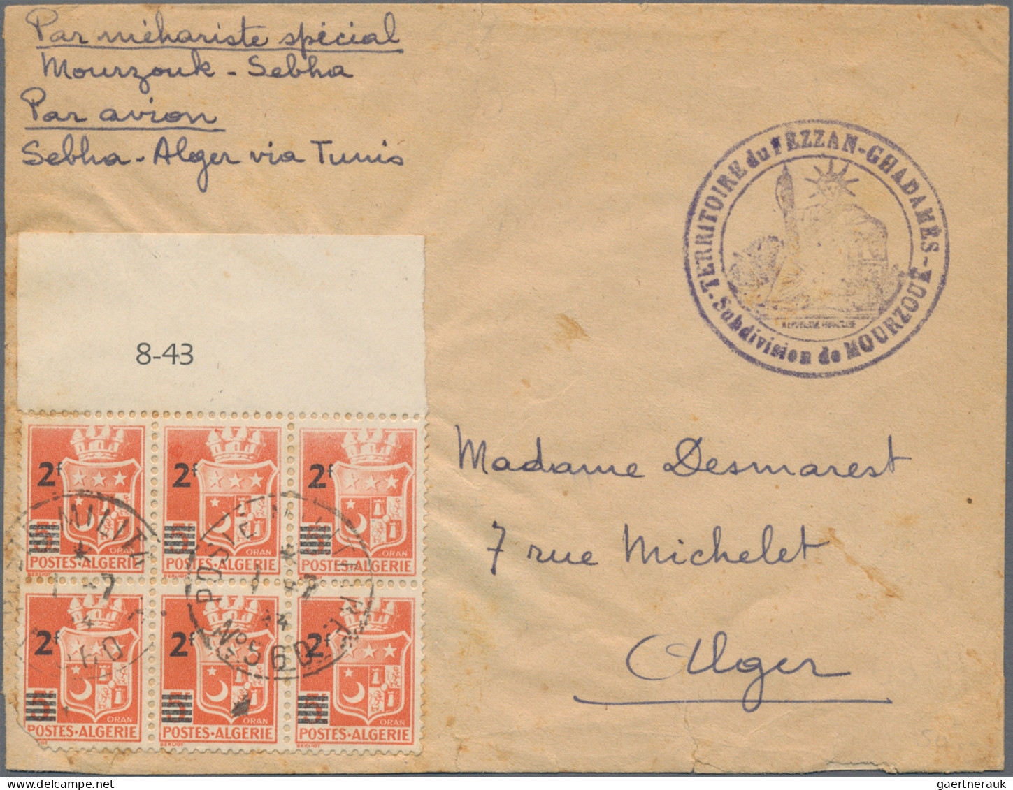 Fezzan: 1944, Algerian 2 F On Unissued 5 Fr Orange Red, Block Of 6 With Upper Sh - Covers & Documents