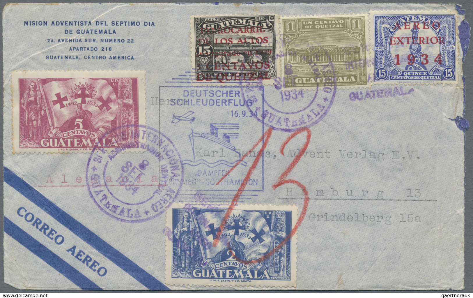 Guatemala: 1934, COMMERCIAL CATAPULT MAIL: Airmail Cover From Guatemala (8.9.) C - Guatemala