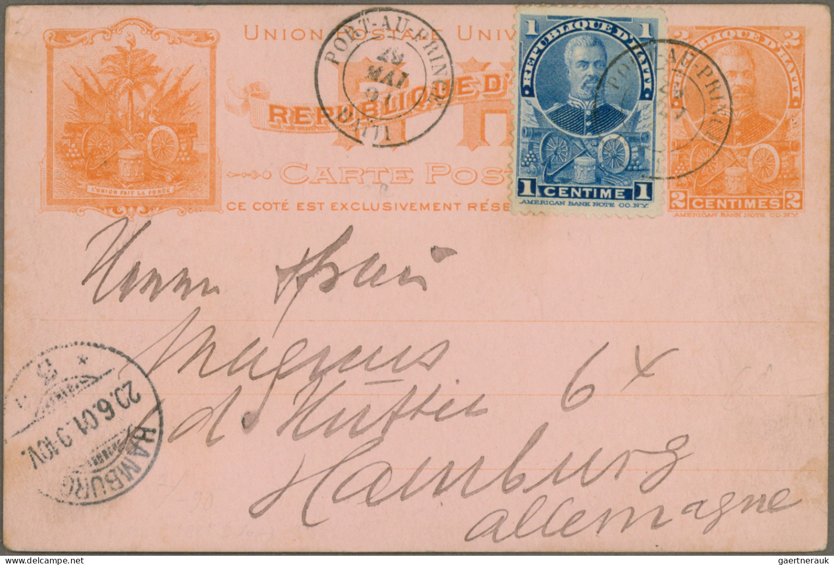 Haiti: 1898/1905, Three Used Stationery Cards: 2c. Orange On Pink Uprated By 1c. - Haiti