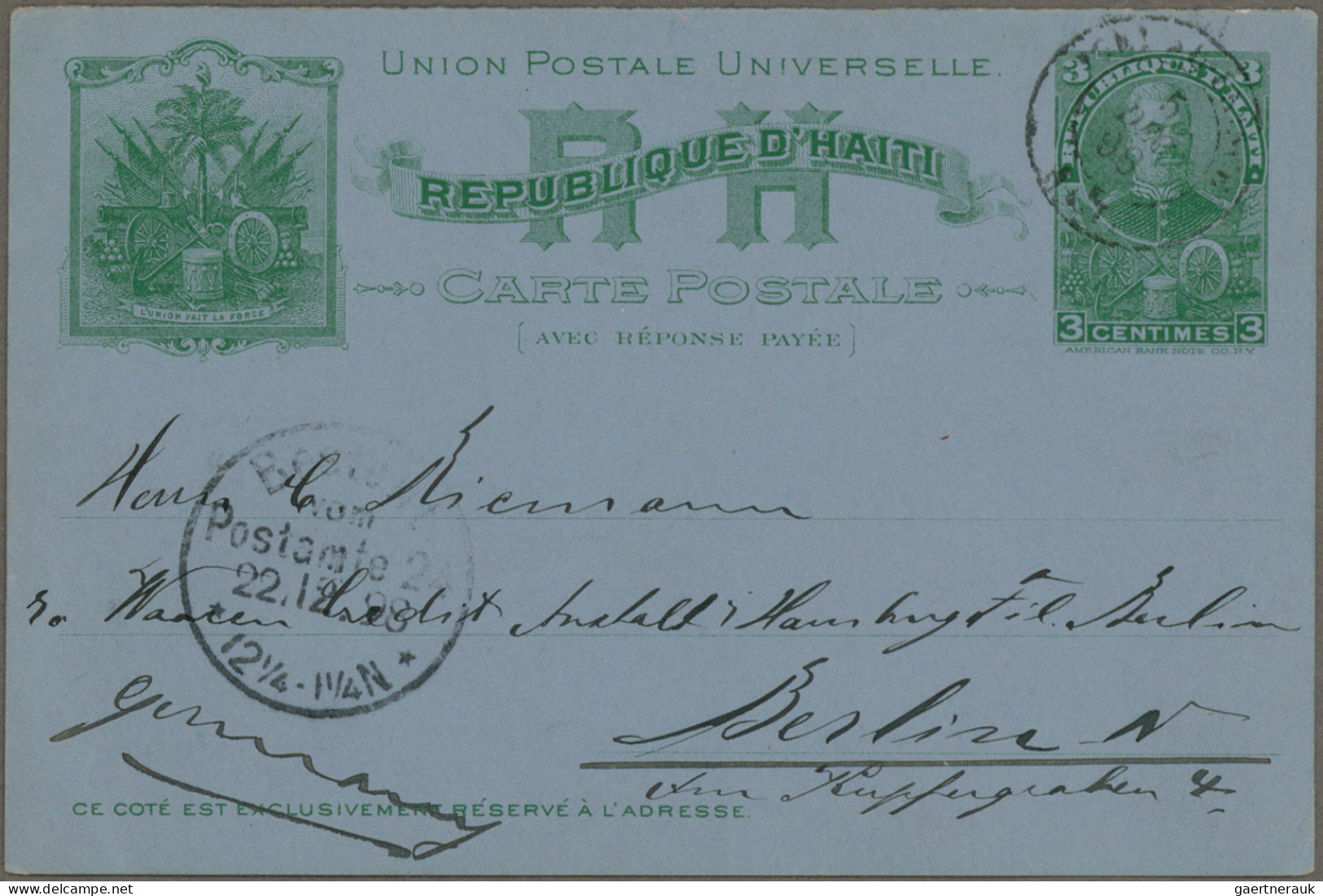 Haiti: 1898/1902, Three Used Stationery Cards: 3c. Light Green On Cream Used Fro - Haïti