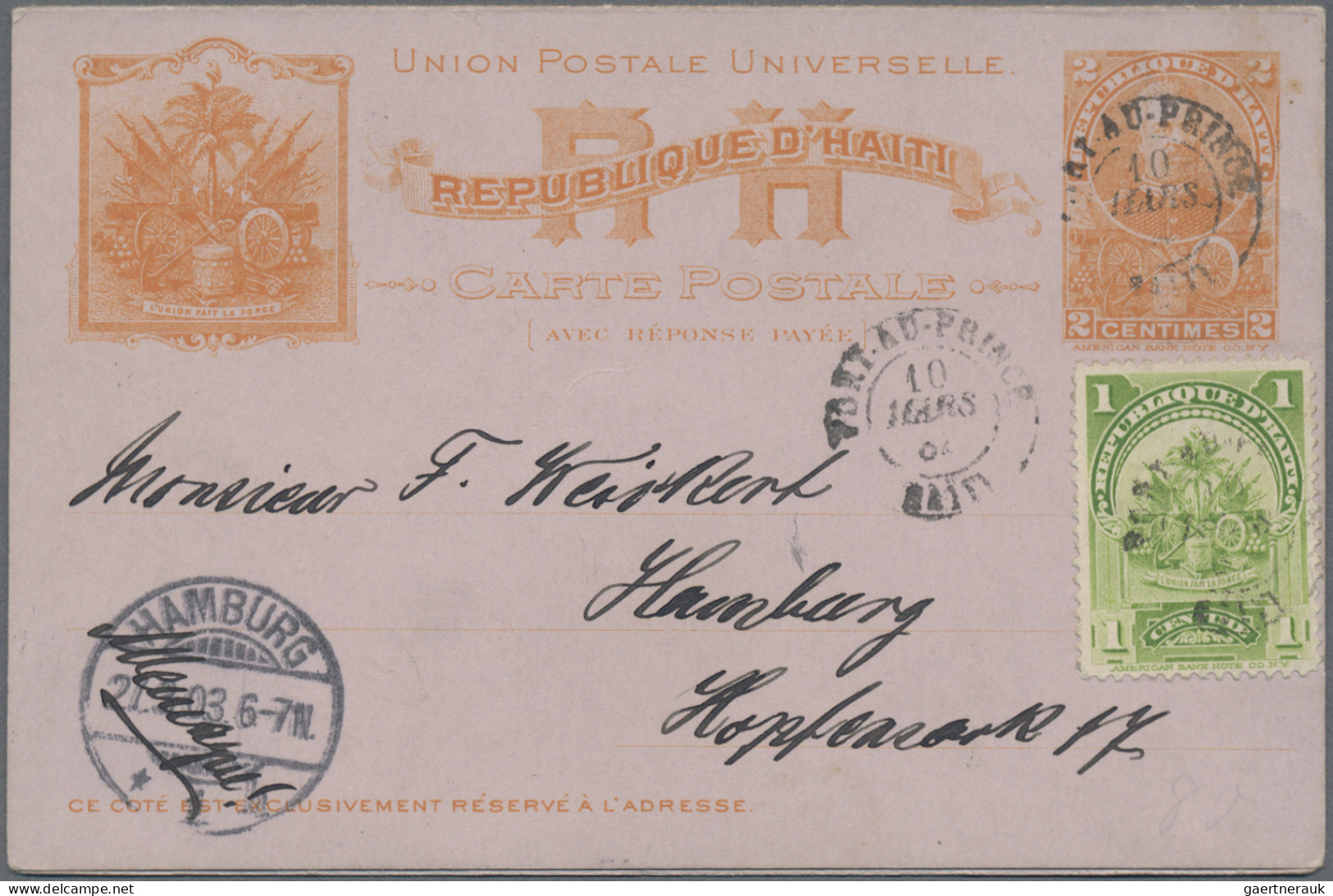 Haiti: 1903, Three Double Cards Used From "PORT-AU-PRINCE 10 MARS 03" To Hamburg - Haïti