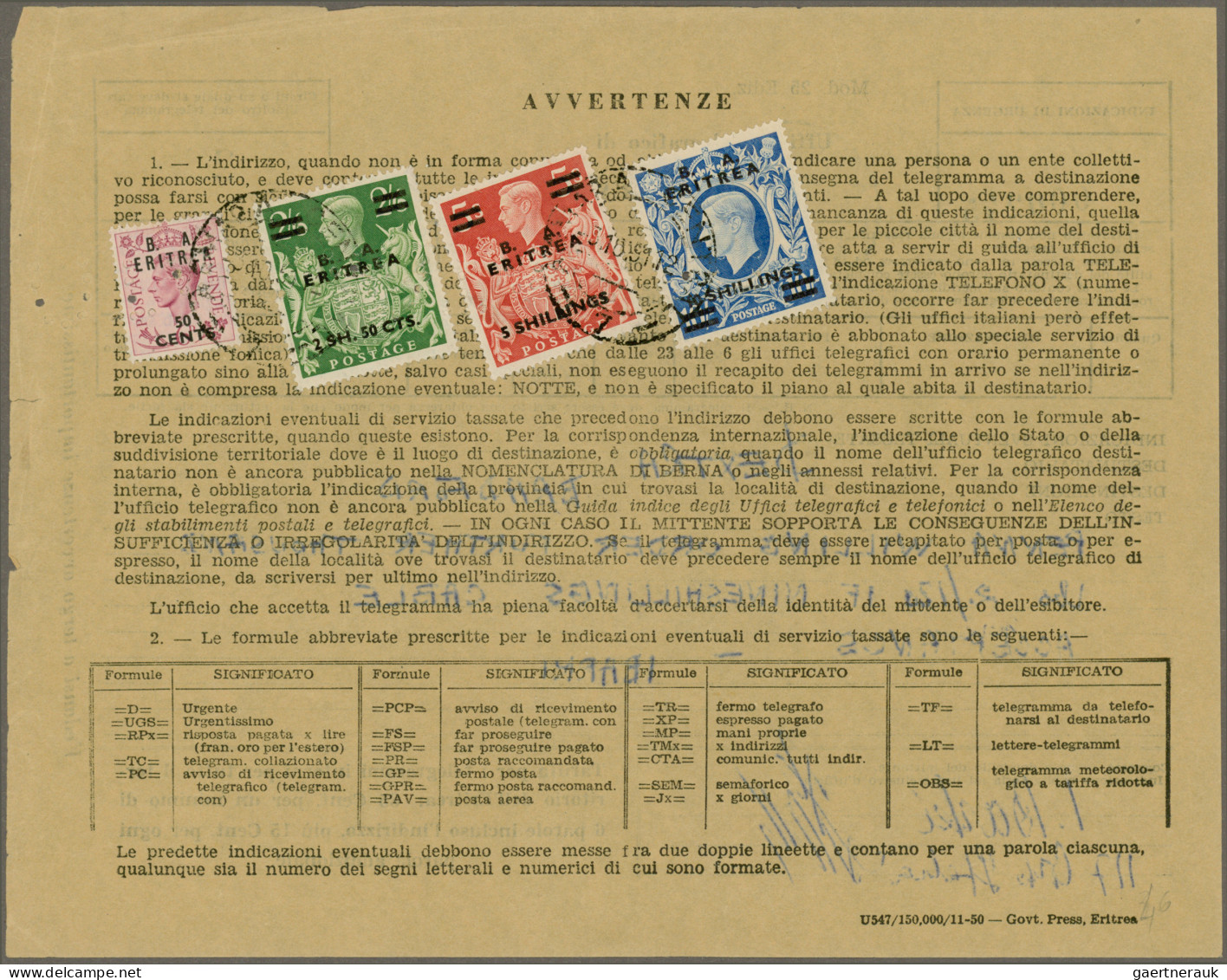 Italian Eritrea: 1951, British Administration, Entire Telegram Bearing 1950 Over - Eritrea