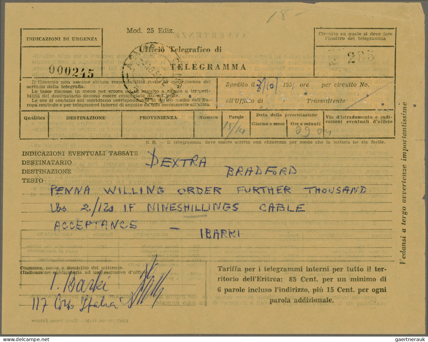 Italian Eritrea: 1951, British Administration, Entire Telegram Bearing 1950 Over - Erythrée