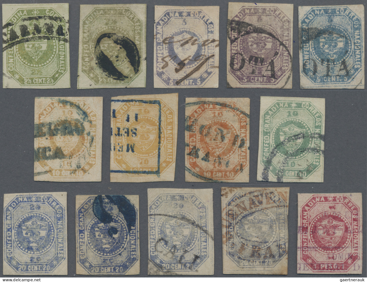 Columbia: 1859 First Issue: Group Of 14 Stamps, From 2½c. To 1p., Used Except On - Colombia