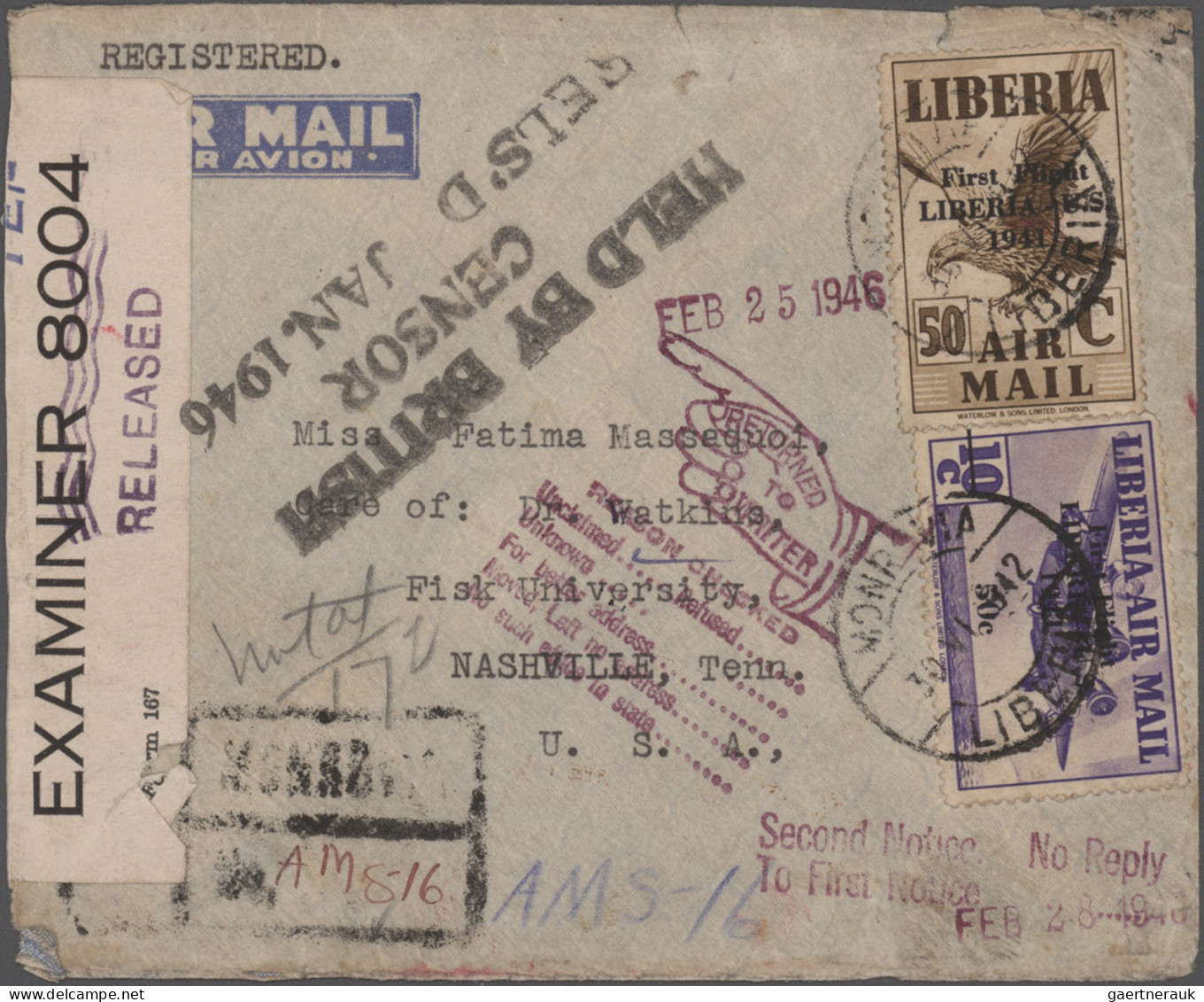 Liberia: 1941 Air 50c And 50c On 10c Used On Registered Cover From Monrovia To N - Liberia