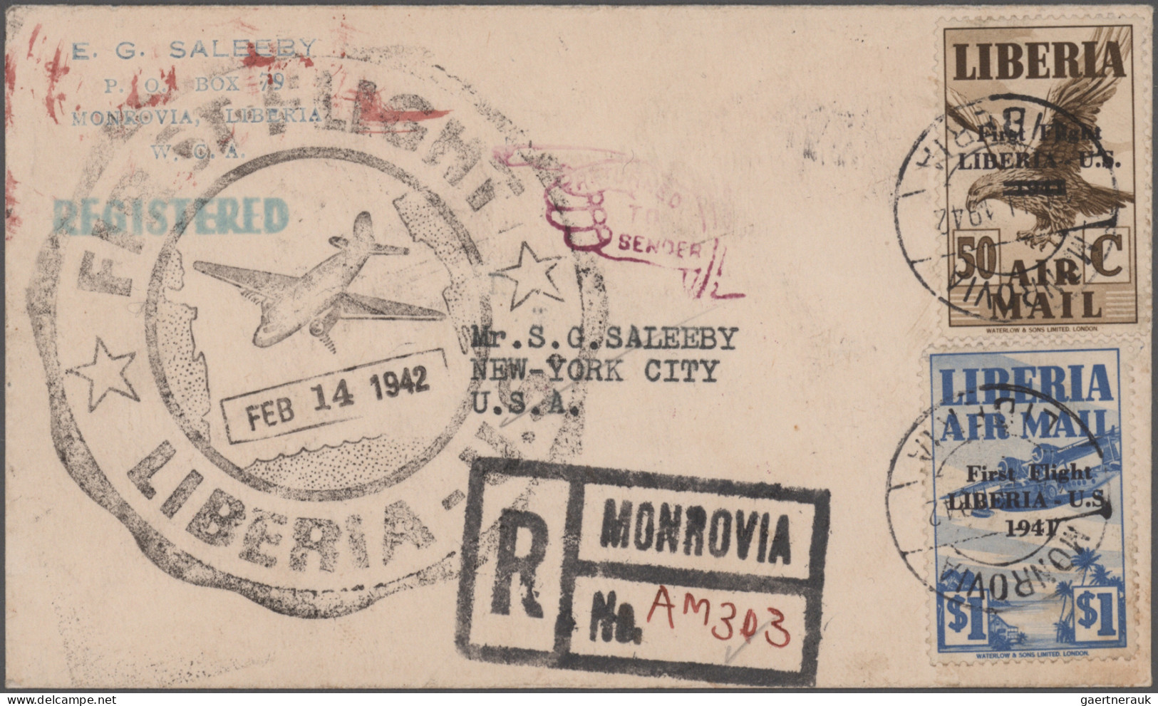 Liberia: 1942 "First Flight Liberia-U.S.": Airmail Stamp $1 Of 1941 Used Along W - Liberia