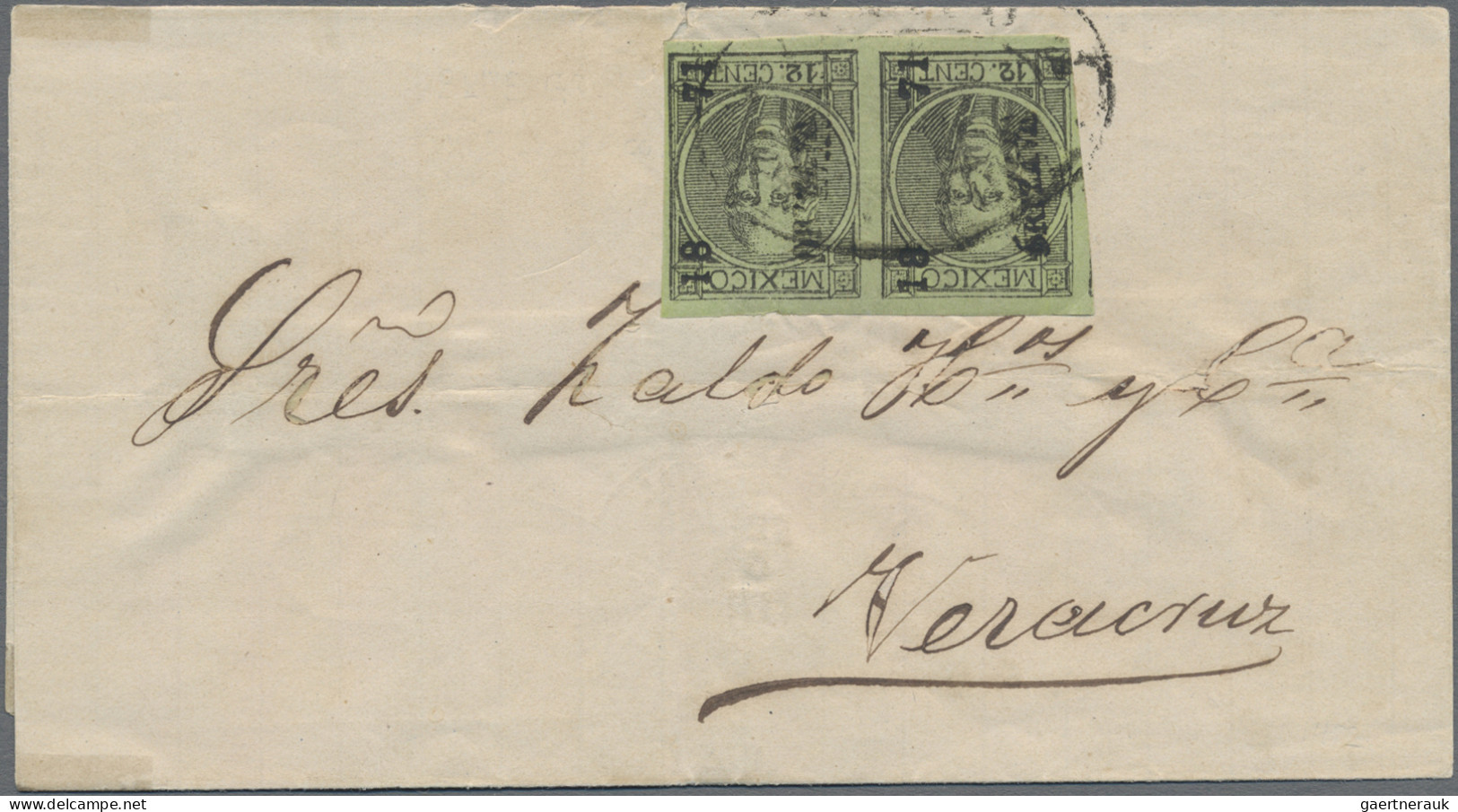 Mexico: 1871 Hidalgo 12c. Black On Green Horizontal Pair With Surcharge Error "1 - Mexique