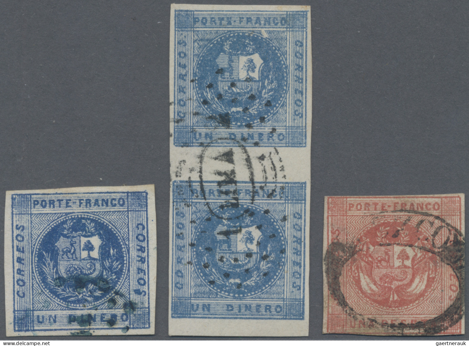 Peru: 1858 1d. Blue Vert. Pair Plus 1p. Red Used On Letter From Jaena To Cochaba - Pérou