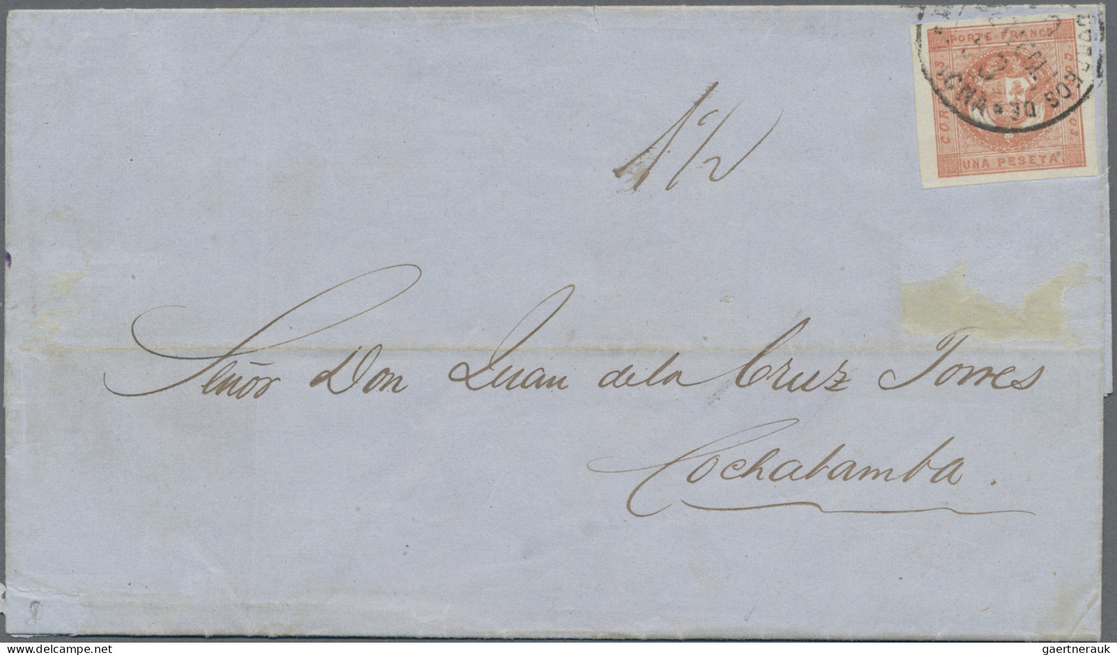 Peru: 1858 1d. Blue Vert. Pair Plus 1p. Red Used On Letter From Jaena To Cochaba - Peru