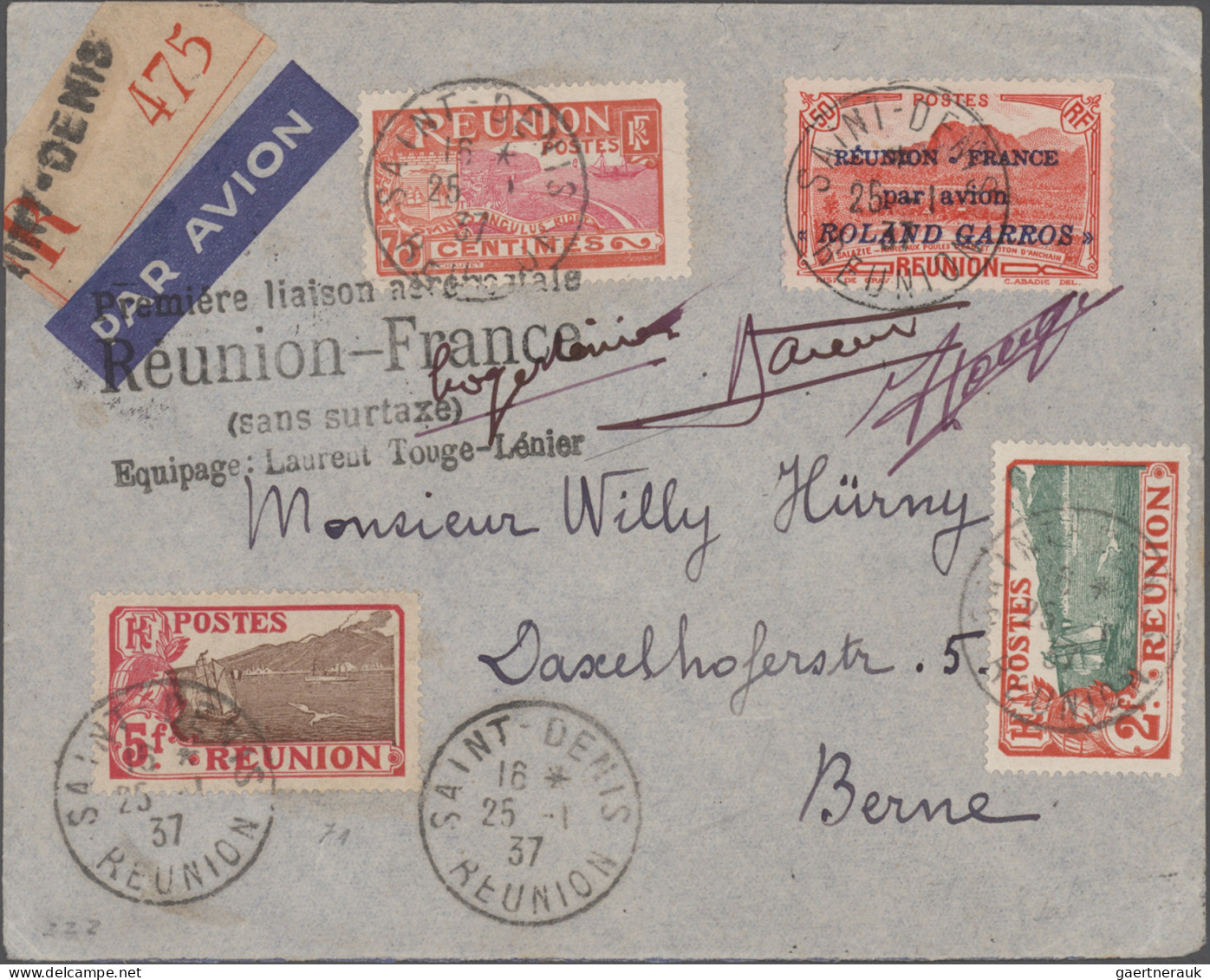 Reunion: 1937 "Roland Garros" 50c. Red Along With Three Further Adhesives On Reg - Lettres & Documents