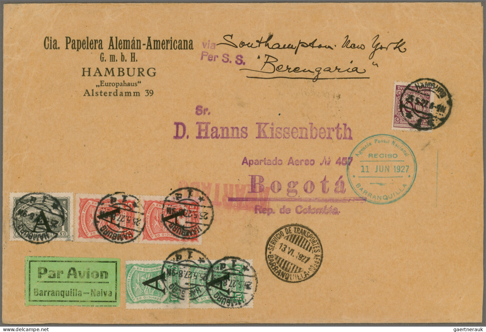 SCADTA: 1927, Commercial Cover With Franking Germany 10pfg. Violet And Scadta "A - Airplanes