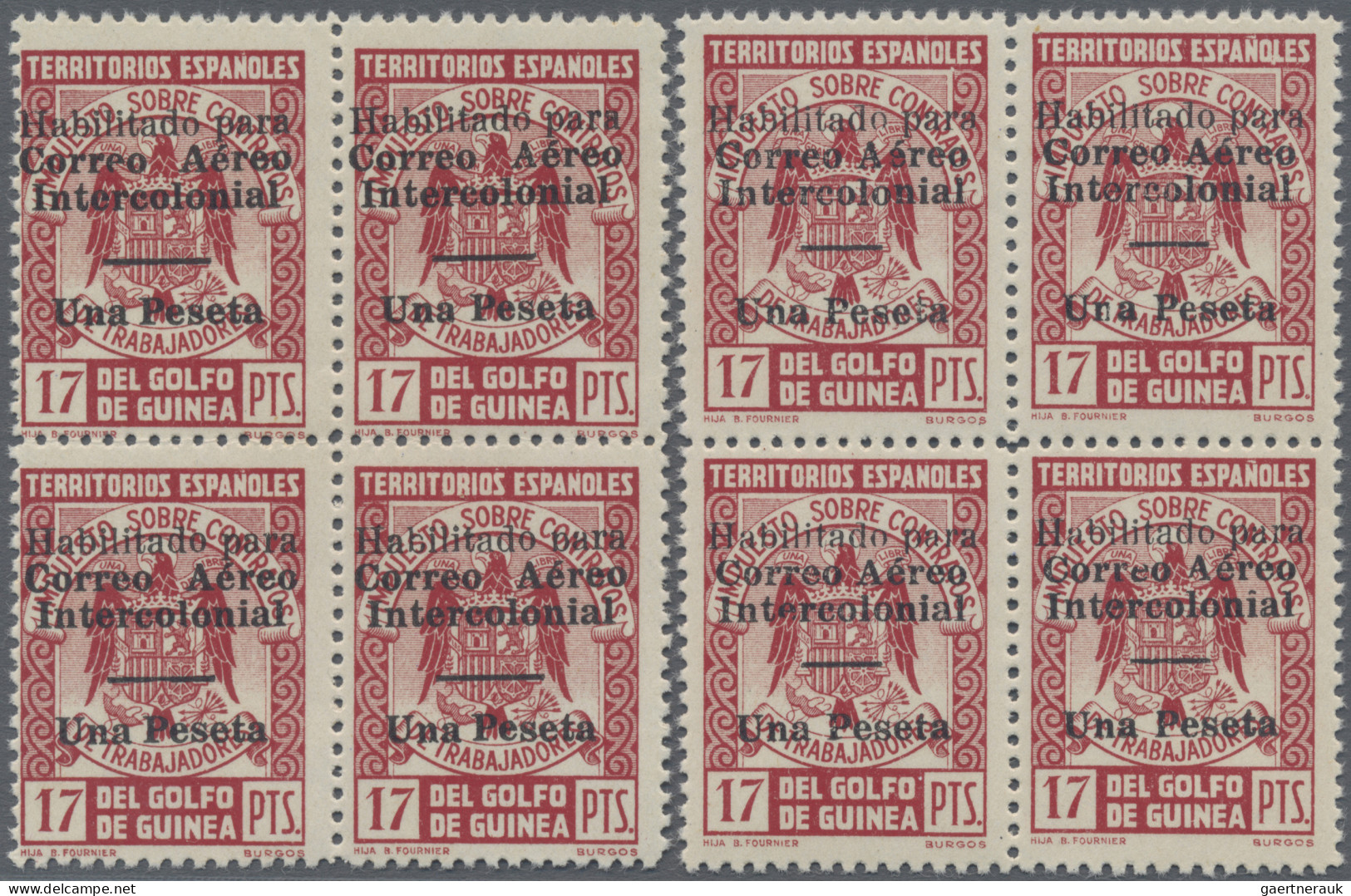 Spanish Guinea: 1941 Air "Una Peseta" On 17p., Two Blocks Of Four With Different - Guinea Espagnole