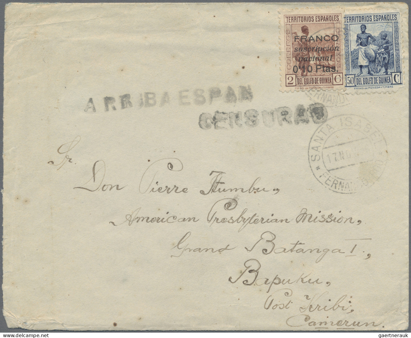 Spanish Guinea: 1936 Cover From Santa Isabel To The American Presbyterian Missio - Guinée Espagnole