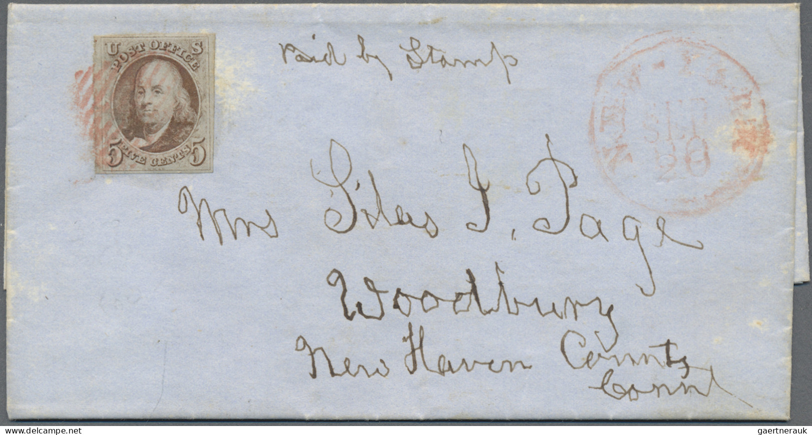 United States: 1847 'Franklin' 5c. Red-brown Tied By RED SQUARE GRID To Entire L - Lettres & Documents