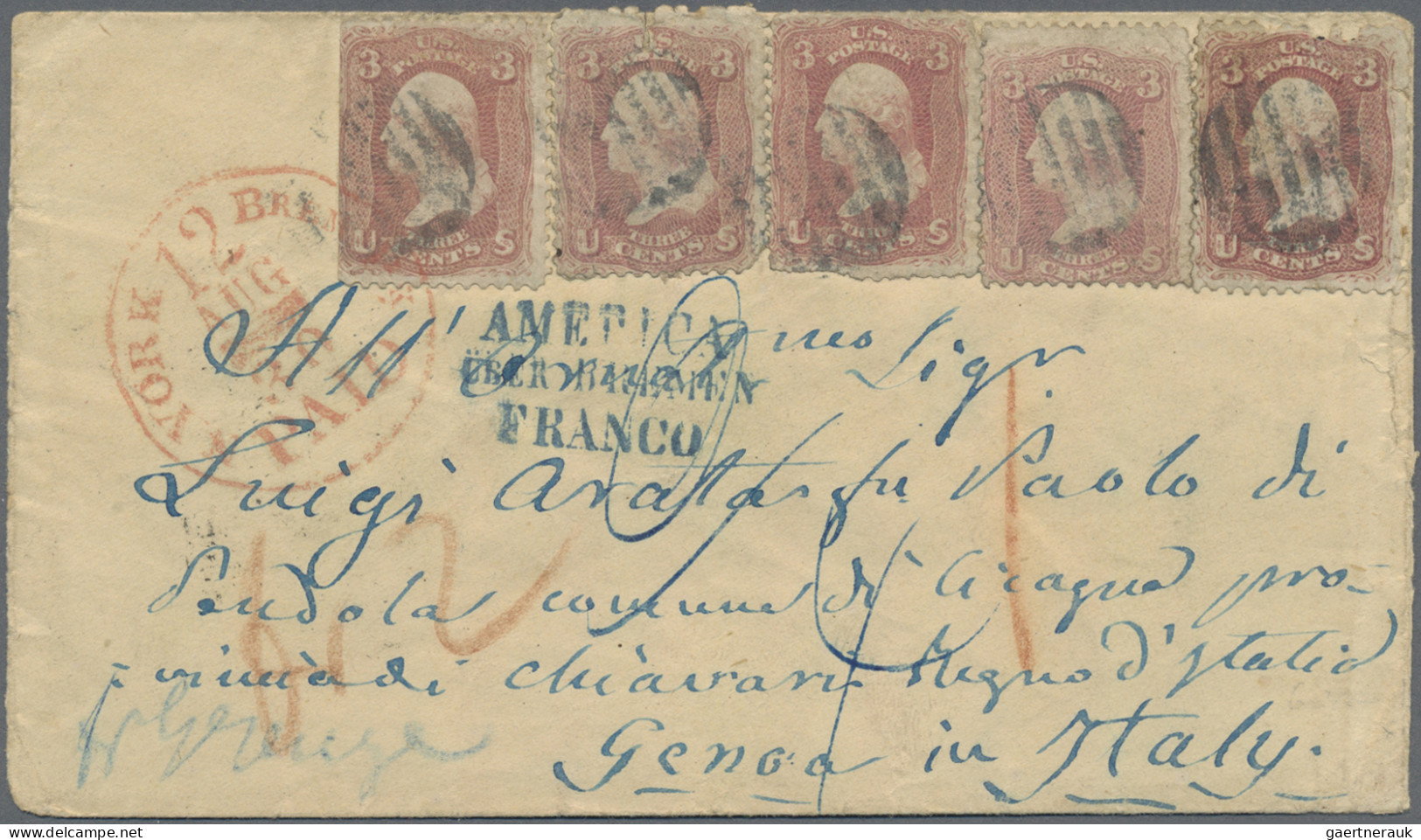 United States: 1862, "AMERICA/ ÜBER BREMEN/ FRANCO", Blauer L3 Auf Brief Mit Fün - Covers & Documents