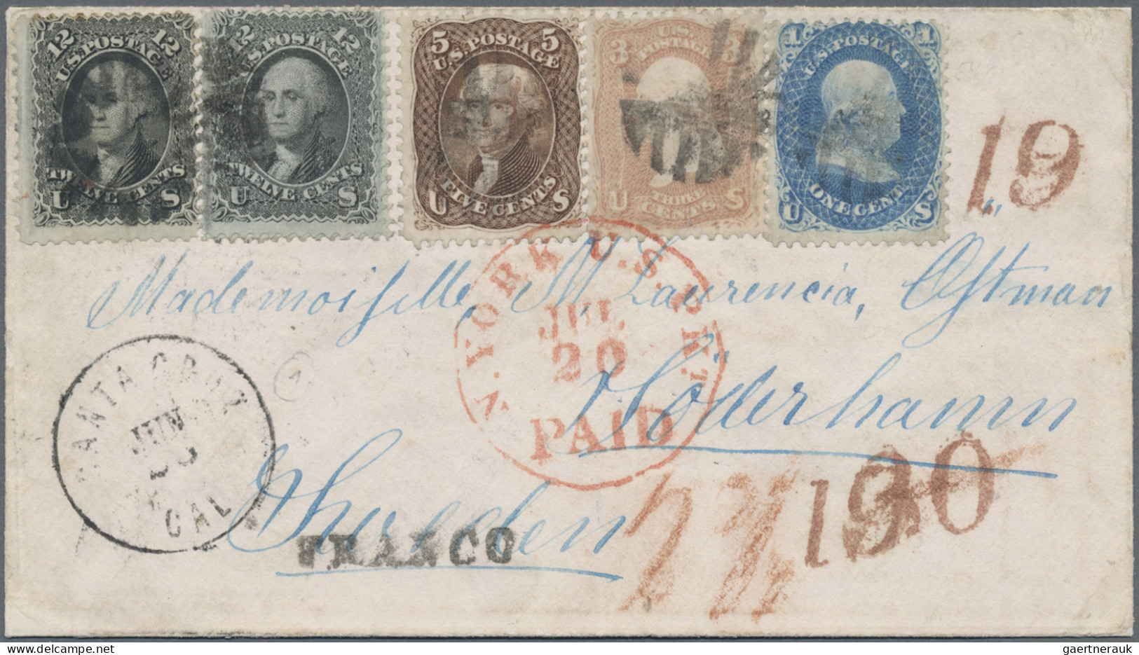 United States: 1 C. Blau, 3 C. Rosa, 5 C. Braun Und Zweimal 12 C. Schwarz Als Au - Lettres & Documents