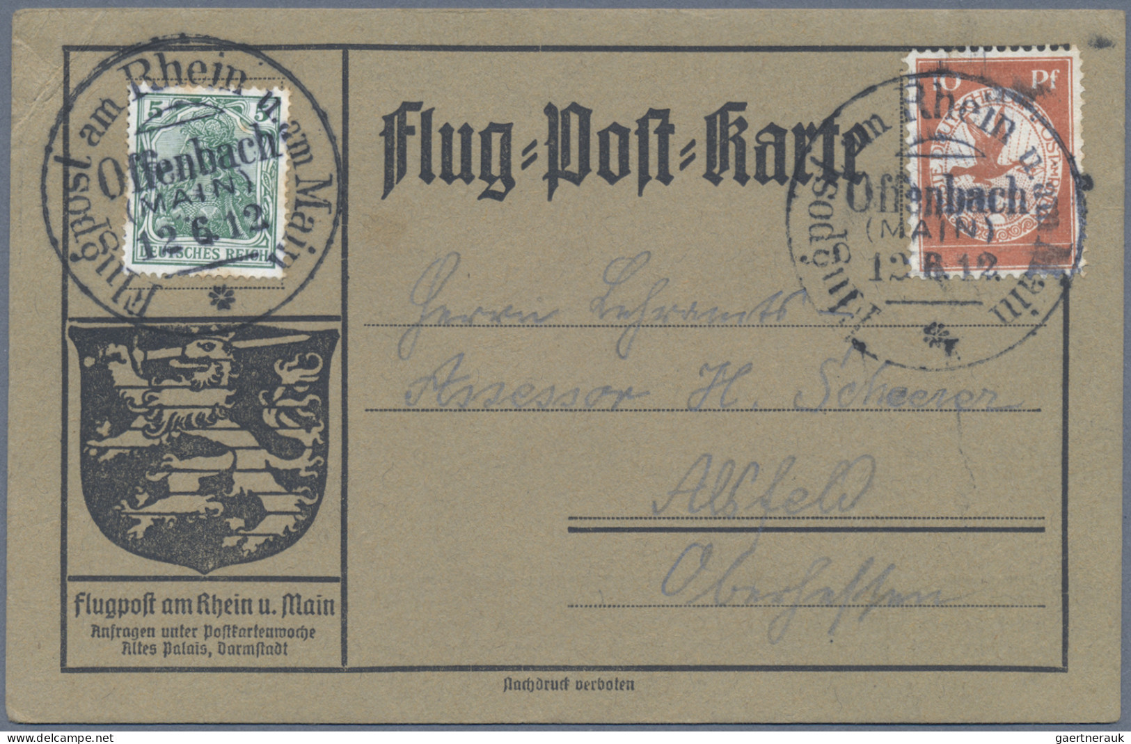 Air Mail - Germany: 1912 Vier Karten mit Flugpost am Rhein & Main, frankiert mit