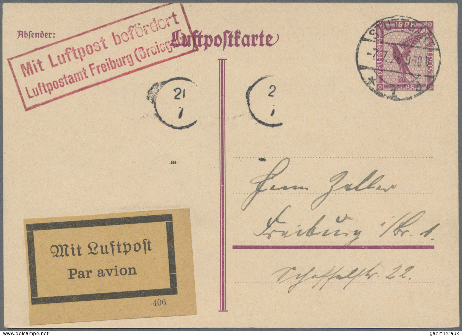 Air Mail - Germany: 1925/26, FREIBURG Sehr Seltener Luftpostbestätigungsstempel - Luft- Und Zeppelinpost